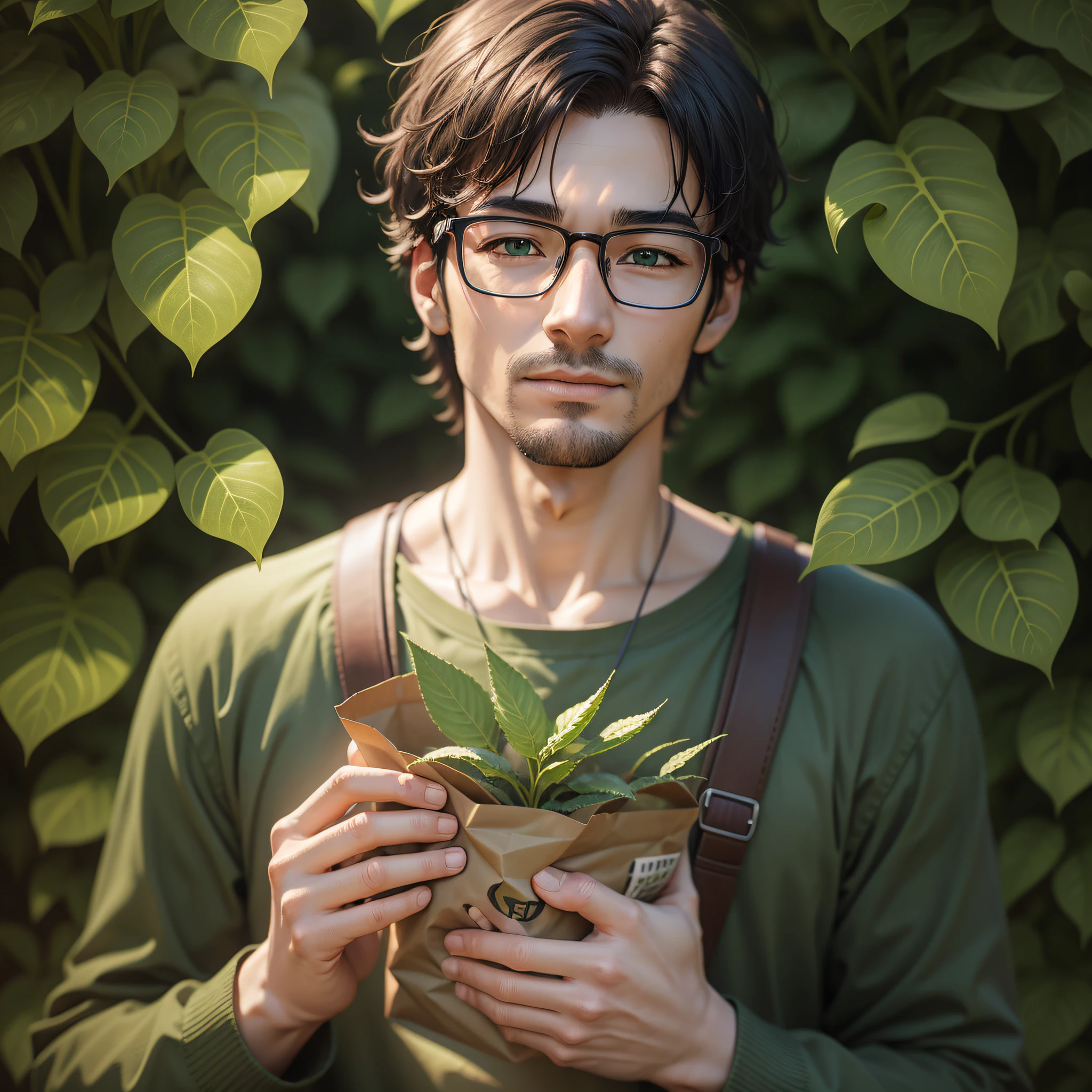 arafed man with glasses holding a plant in a brown bag, environmental portrait, portrait image, holding green fire, sustainability, on a dark background, sustainable, publicity photo, inspired by Gerald Kelly, vegetation, medium portrait, official product photo, green clothing, fresh teddy, green plant, 1614572159, promotional photography, environmentally friendly, realistic anime, drawn, 4k