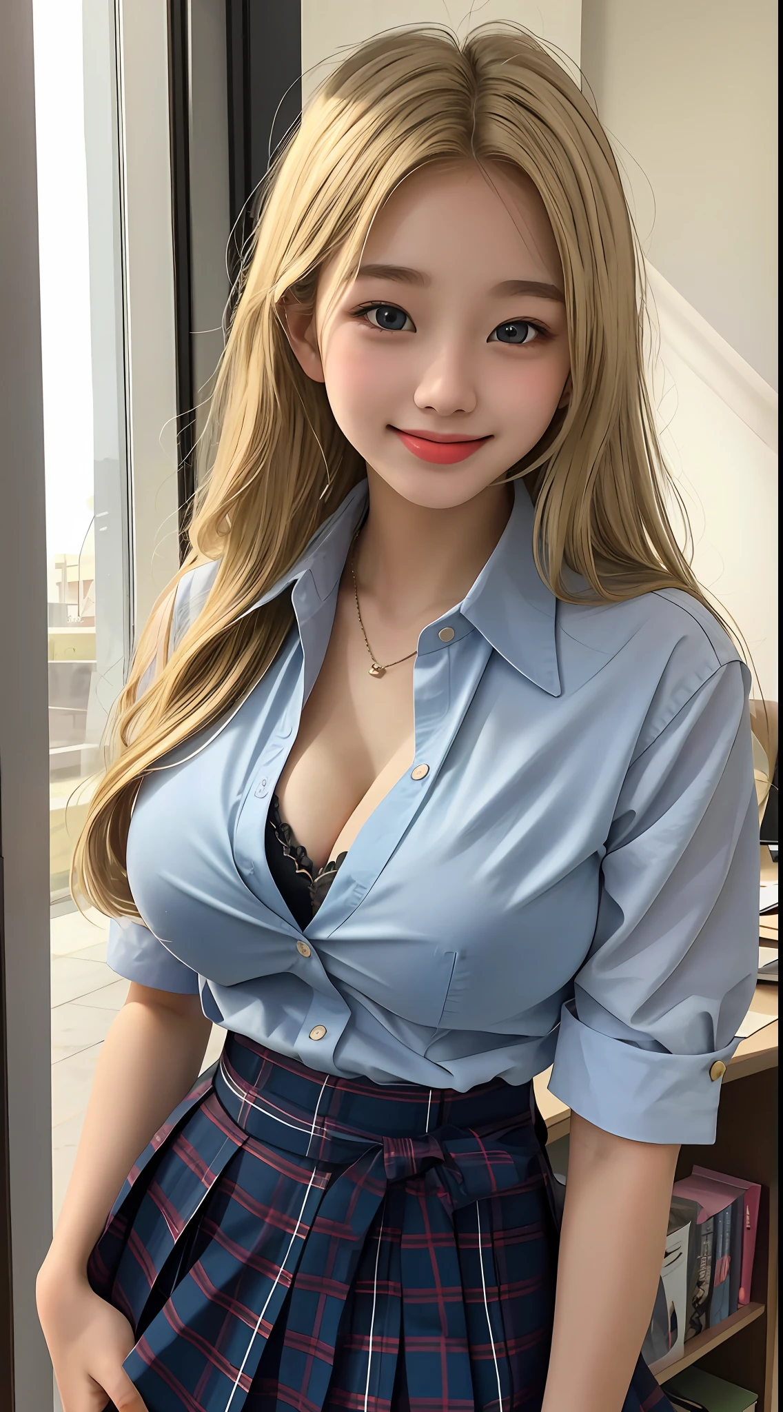 girl, single, 15 years old, best quality, very big breasts, masterpiece, blonde, smile, schoolgirl, uniform, gal, mature face, cleavage, sticking out tongue