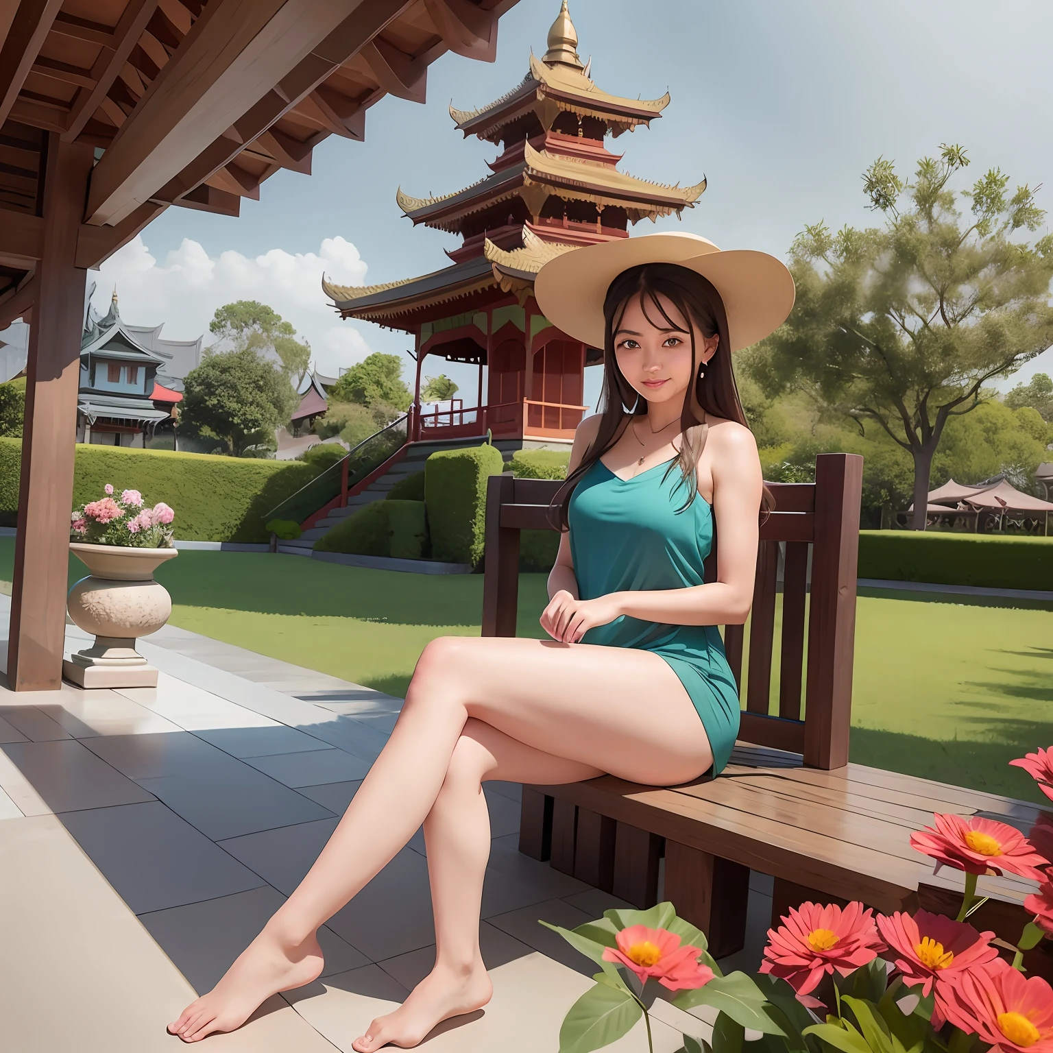 there is a woman sitting,a picture inspired by Myanmar , romanticism, in front of a pagoda, with flowers, with a myanmar pagoda,in style of Myanmar, at an mandalay city, in an ancient altar