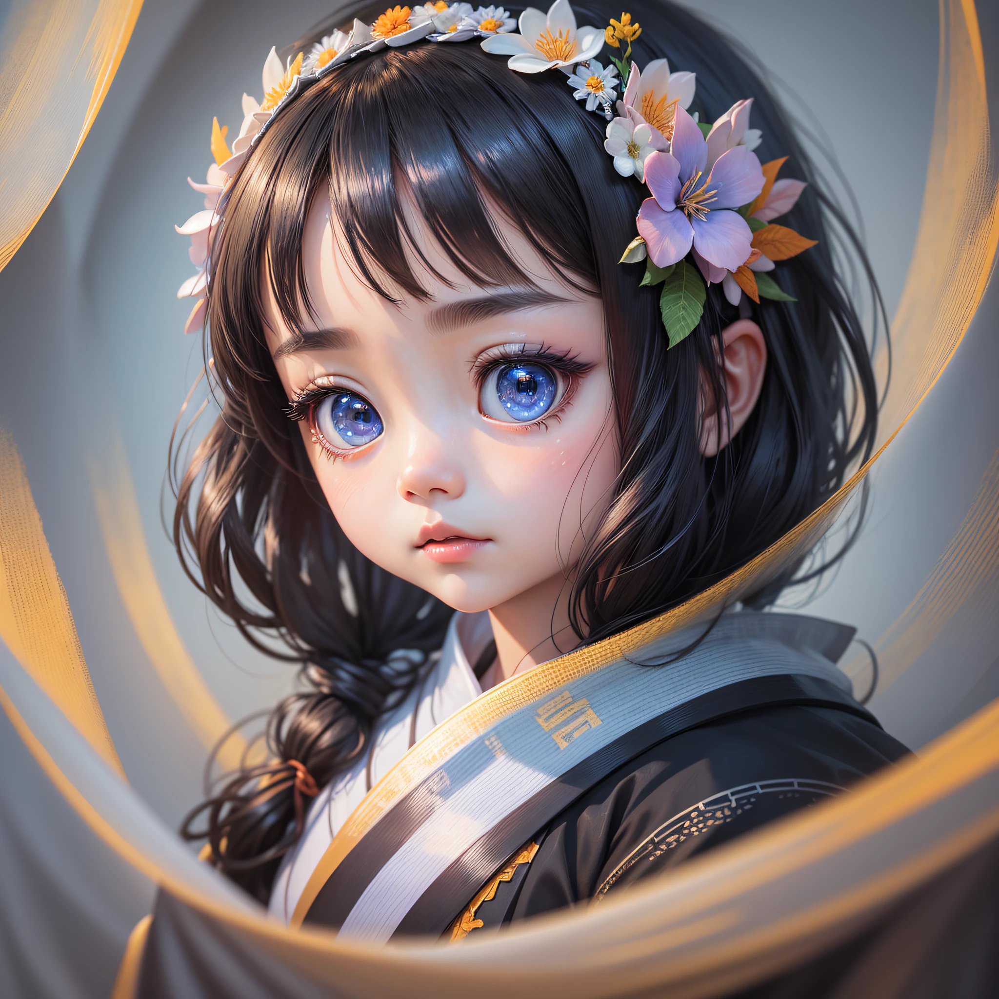 Masterpiece, Best Quality, Focus, Little Girl, Black, Big Eyes, Hanfu, God, Dreamy, Eyes Leaking Out, Facing the Viewer, Realistic Hyper Detail Rendering Style, Orange, Blue, Chinese, Clean Background, Brush, Ultra Realistic Oil, Head Close Up, Super Close Up, Exaggerated Perspective, Contour Shadow, Mother-of-Pearl Rainbow, Holographic White, Realistic --auto --s2