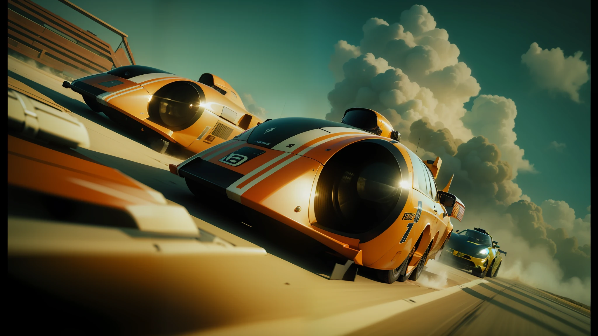 there are two cars that are racing on a track, film still from movie dune-2021, by Władysław Podkowiński, thunderbird 2, imax 2 0 mm anamorphic lens, bbc promotional artwork, 1980s arcade, dredd, 2 0 2 1 cinematic 4 k framegrab, submarine --ar 16:9 --auto --s2