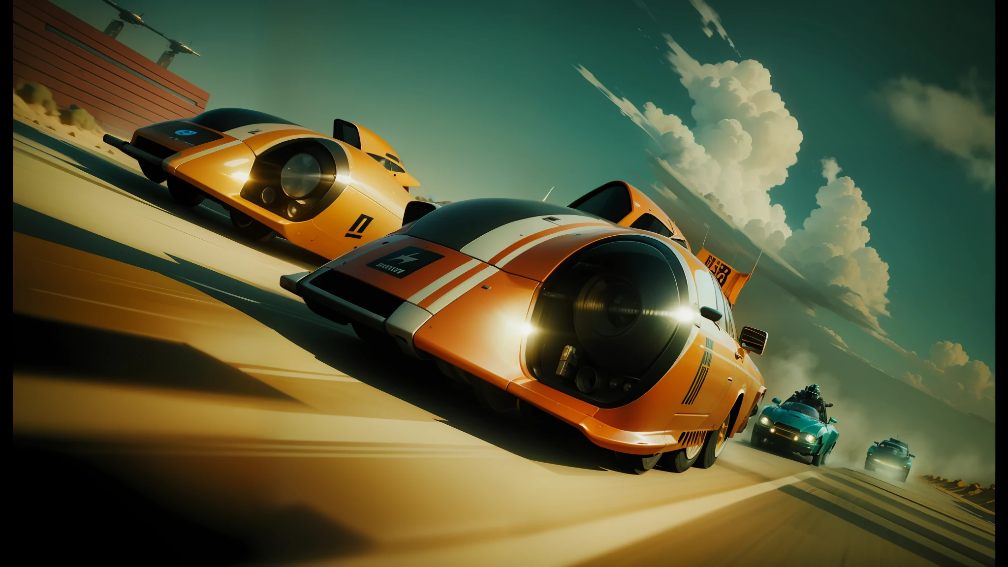 there are two cars that are racing on a track, film still from movie dune-2021, by Władysław Podkowiński, thunderbird 2, imax 2 0 mm anamorphic lens, bbc promotional artwork, 1980s arcade, dredd, 2 0 2 1 cinematic 4 k framegrab, submarine --ar 16:9 --auto --s2