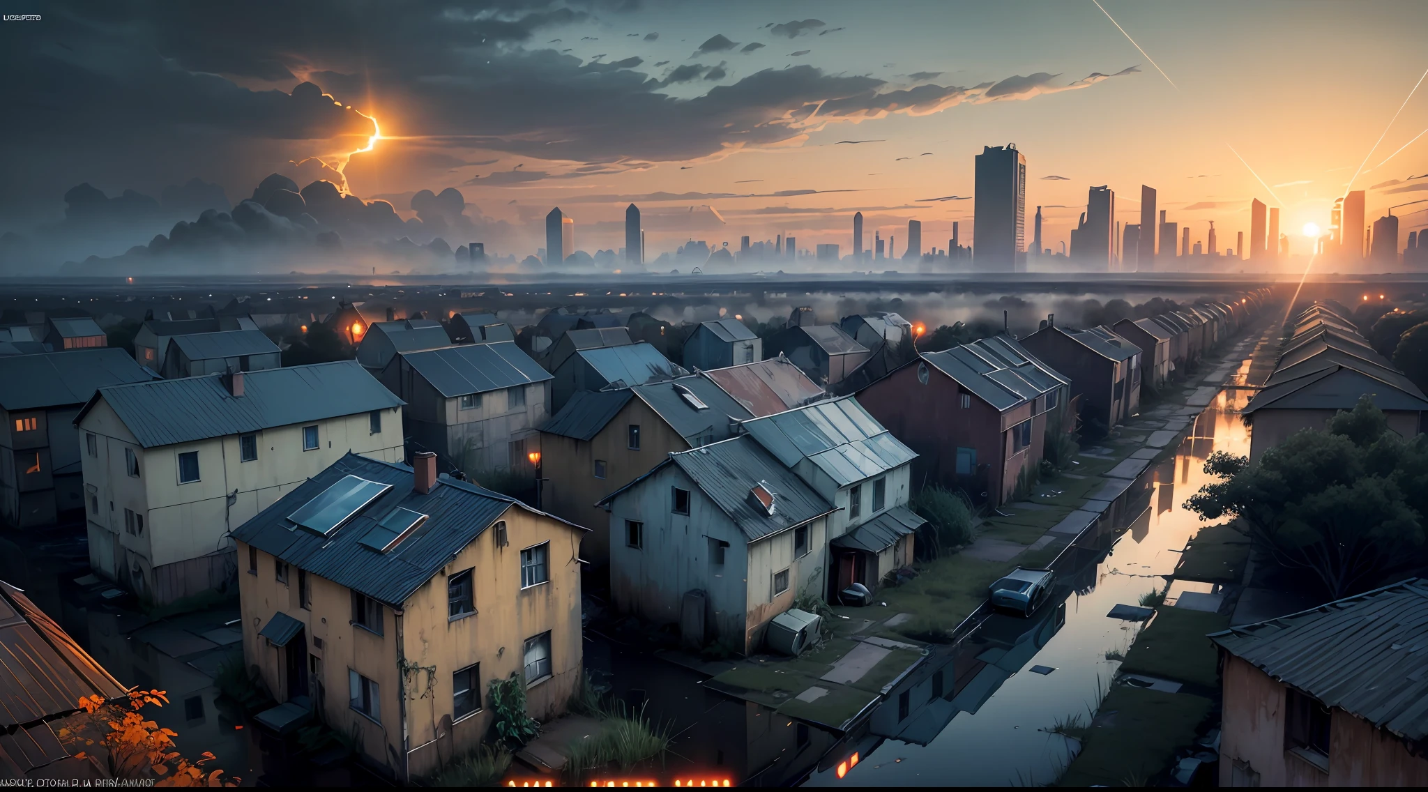 Realistic Photo, Cinematic Lighting, Solar Lights, Puddles, Reflections, Orange, Orange Shades, Twilight. A ruined city, an apocalypse. Low houses overgrown with plants. There are trees everywhere. It's wet all around, Volumetric fog, Volumetric rays of light, glare, --auto --s2