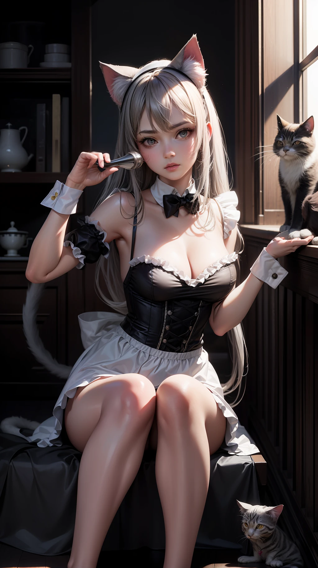 Superior Quality, Masterpiece, Ultra High Resolution, (Photorealistic: 1.4), Raw Photo, Deep Shadows, girl, gray hair, neko, cat, cat ears, maid outfit, dynamic pose, dynamic angle, cleaning house, shoulders out, legs out
