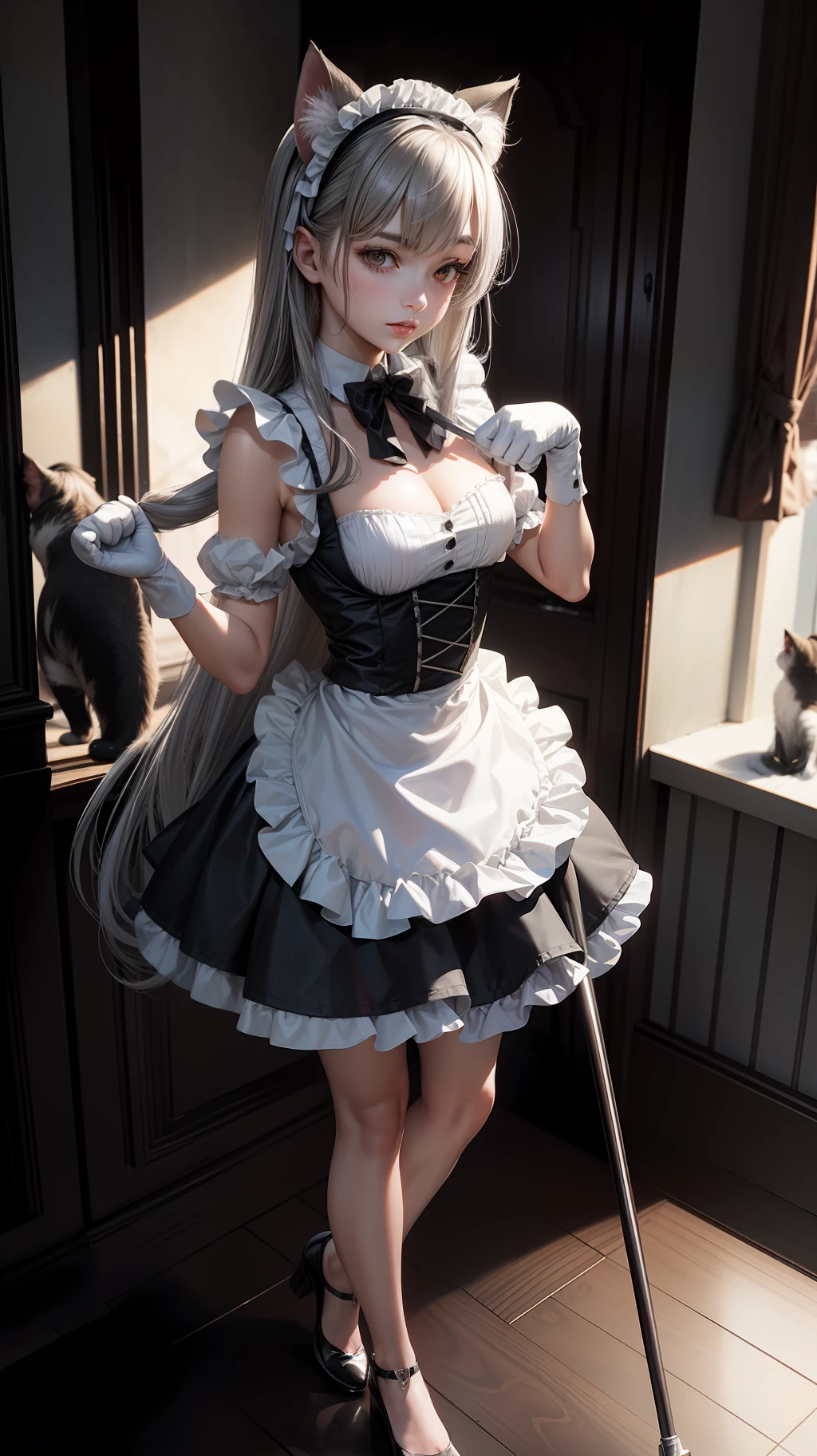 Superior Quality, Masterpiece, Ultra High Resolution, (Photorealistic: 1.4), Raw Photo, Deep Shadows, girl, gray hair, neko, cat, cat ears, maid outfit, dynamic pose, dynamic angle, cleaning house, shoulders out, legs out