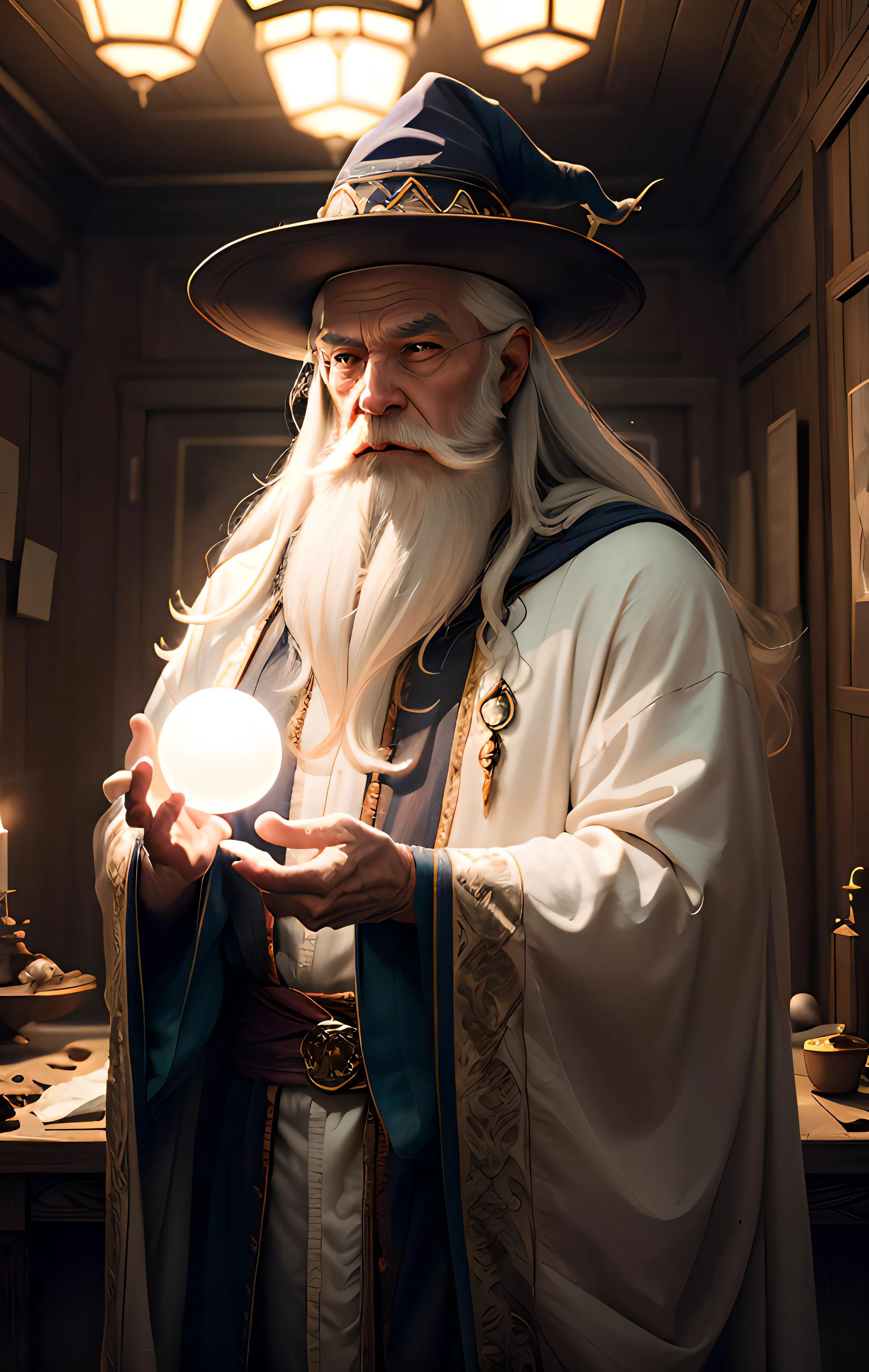 (Masterpiece:1.2), (Best Quality), Detailed, UHD, Cinematic Lighting, sharp focus, (illustration:1.1), intricate, Old Wizard with long white hair and beard, wearing a wizard's robe and hat, pondering a glowing orb, in a dimly lit room, magician's room, glowing lights, flickering lights,