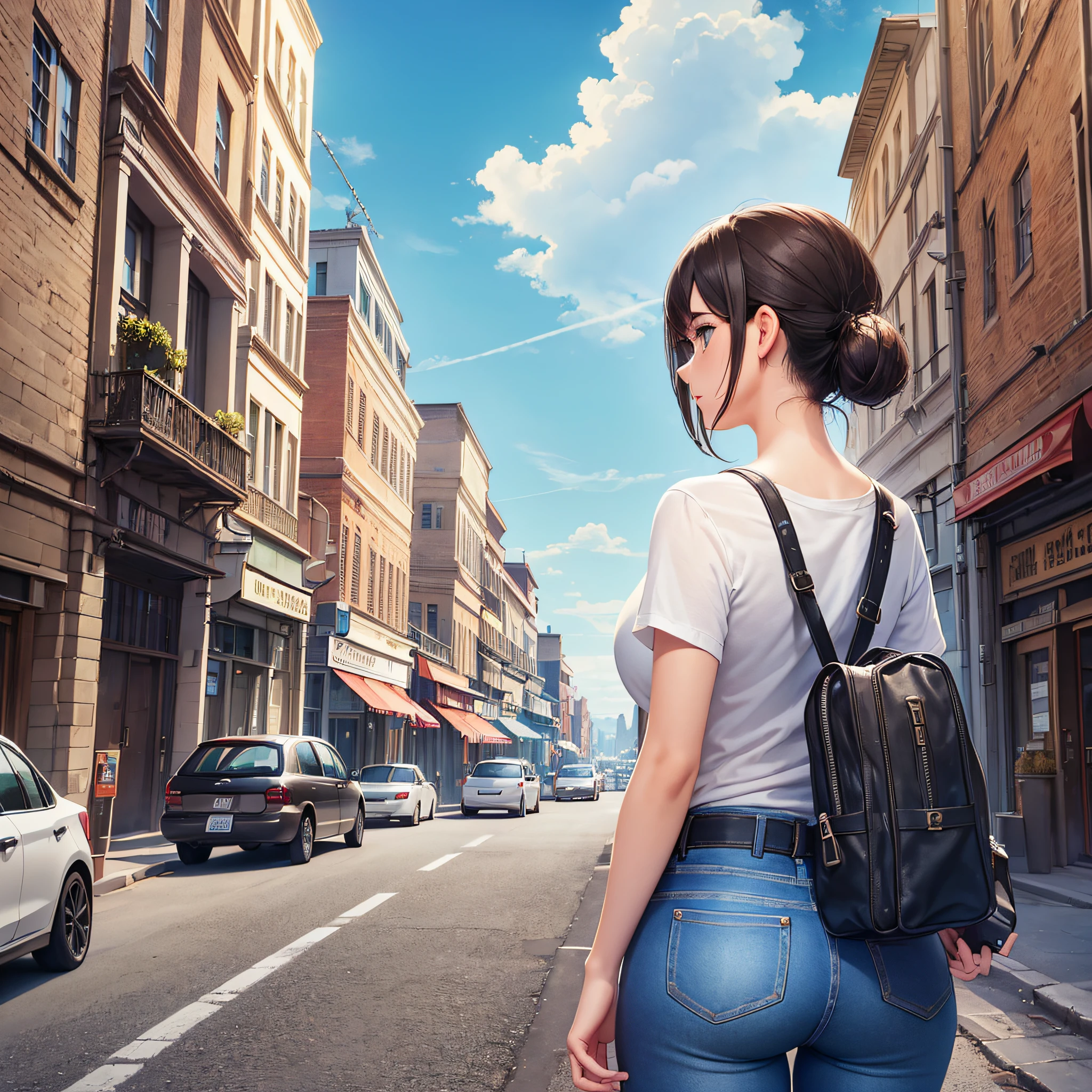 ((Back view of a 20 year old girl)), jeans, white shirt, brown hair, (small modern town), daylight, cars, realistic, detailed scenery, 8k high quality detailed art, fantasy matte painting,cute --auto --s2