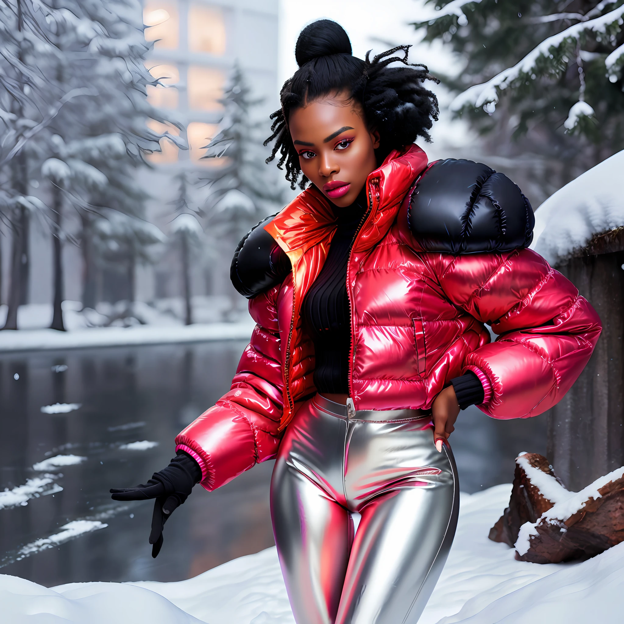 Creates a hyper realis image of a ((full body woman)) with perfect African facial features, black hair stylished afro combed details in high definition, with nice expression, wearing (((Balenciaga puffer oversized style jacket:1.5 ultra definition red))) (((vivid color red jacket, neon, metallic, reflective))), (playing gracefully with snow) in front of the camera with excellent lighting, Hyper realistic natural landscape realistic colors of snow environment, best quality, top quality, masterpiece, imaging, high resolution photography camera lens 100mm