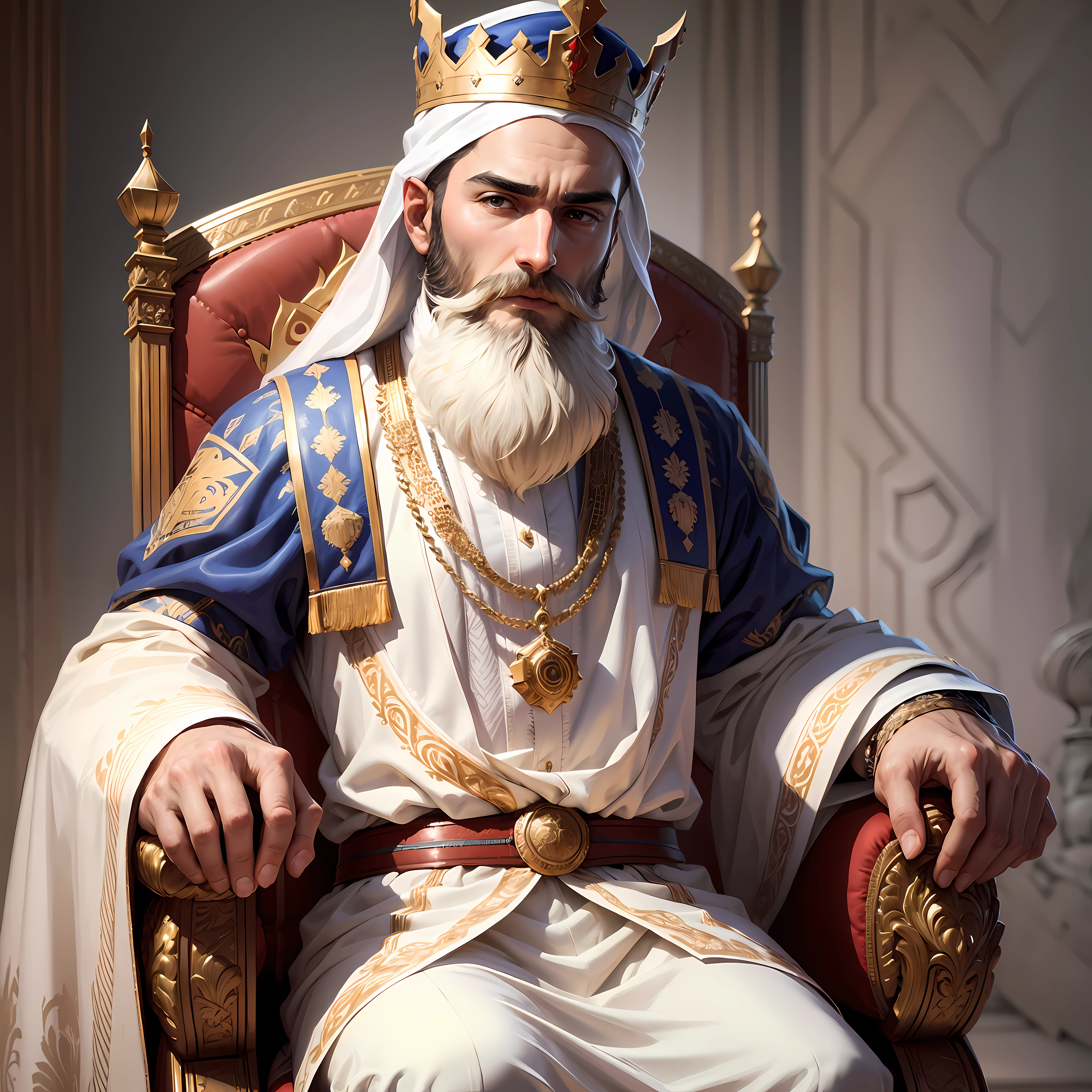 Man. Arabic. Beard. Dense. Royal chair. Seated. Fancy white wear. Sharp eye. Royal Crown --auto --s2