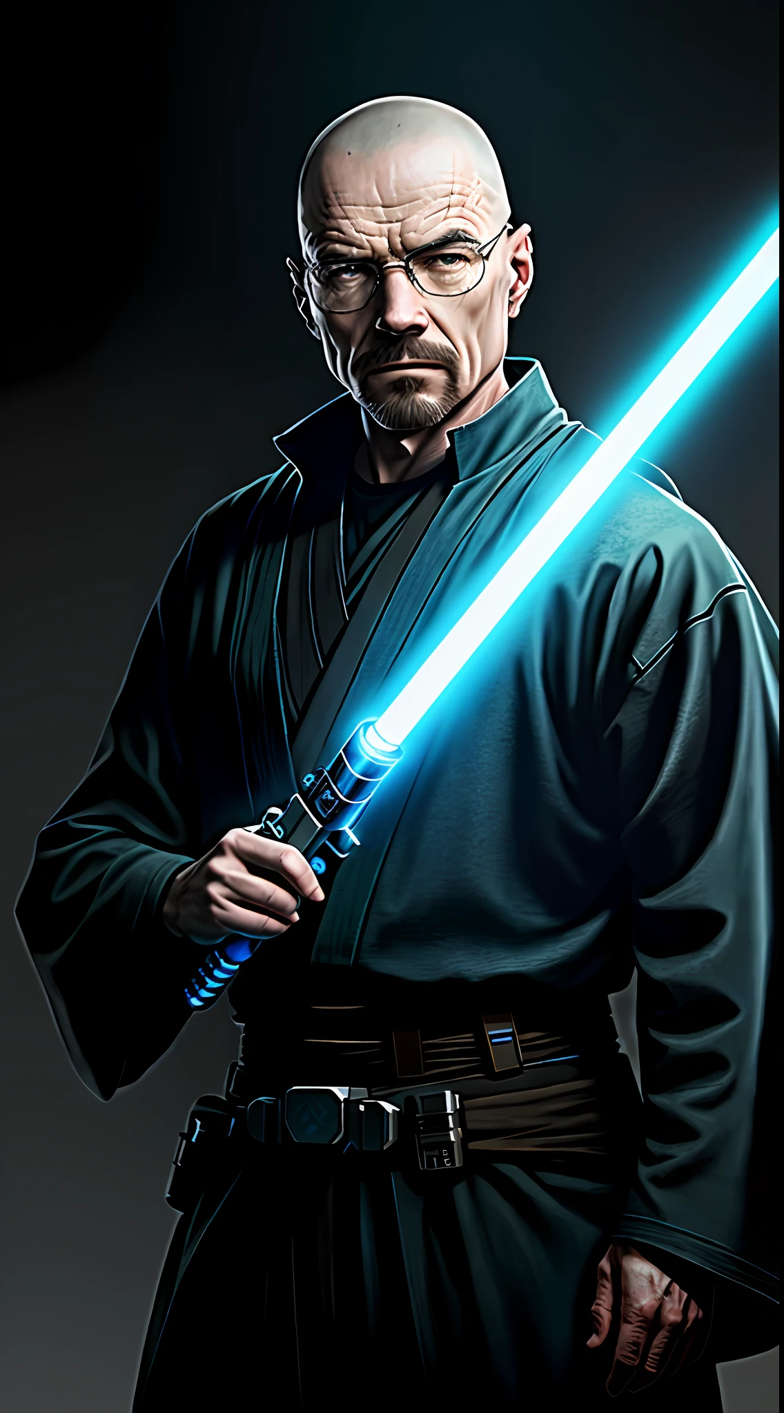 Walter White, shaved head, hard-faced, Jedi, with perfect Jedi armor, with a blue lightsaber, ataru position, concept art, dramatic lighting, trend in Artstation, amazing shadows, cinematic lighting, 8K, anatomically correct, masterpiece, ccurate