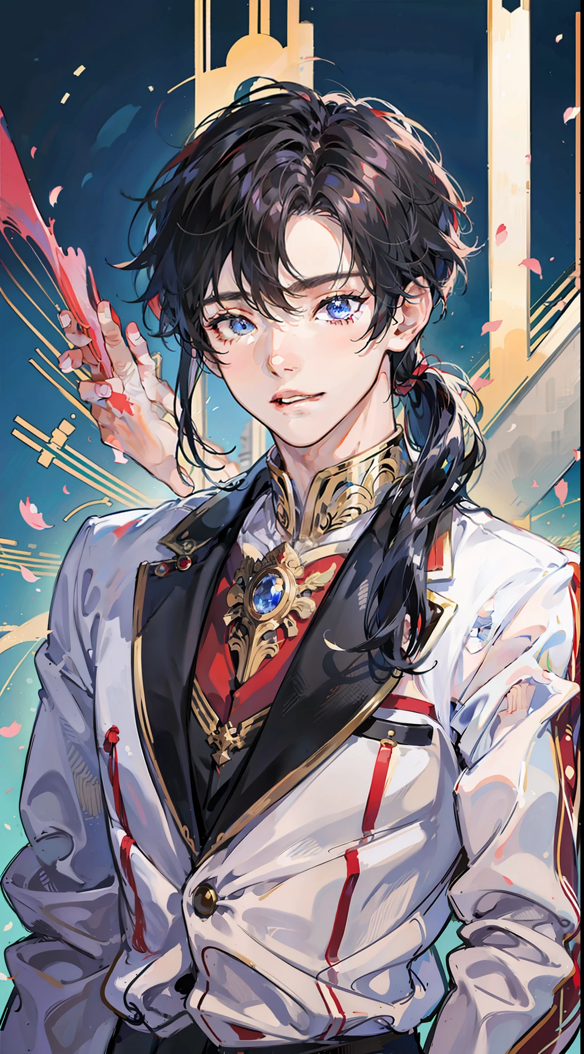 Seiya Ko is a young guy, black long hair gathered in a low ponytail, in a red men's classic suit, blue eyes, super detailed, high quality, high detailed, masterpiece