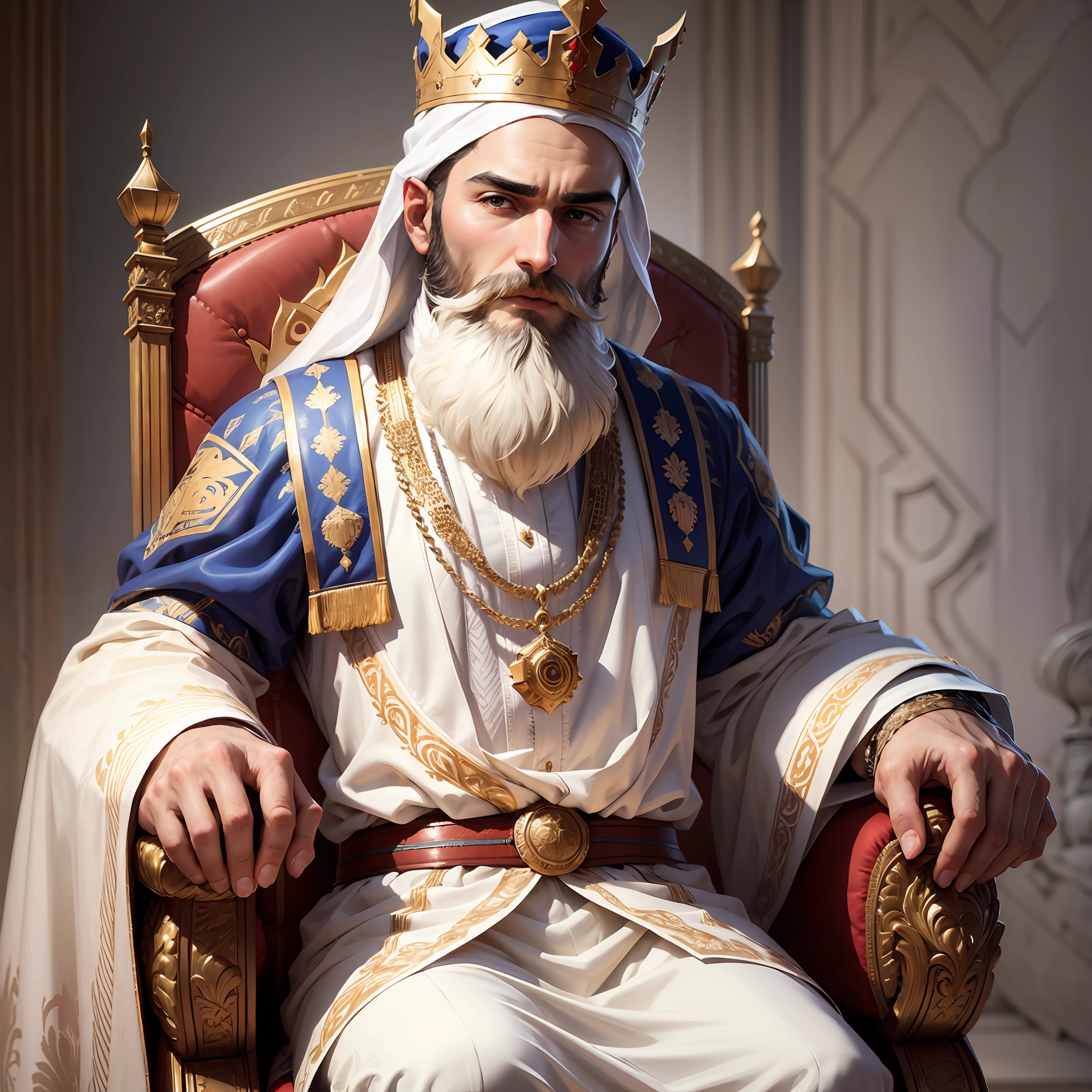 Man. Arabic. Beard. Dense. Royal chair. Seated. Fancy white wear. Sharp eye. Royal Crown --auto --s2