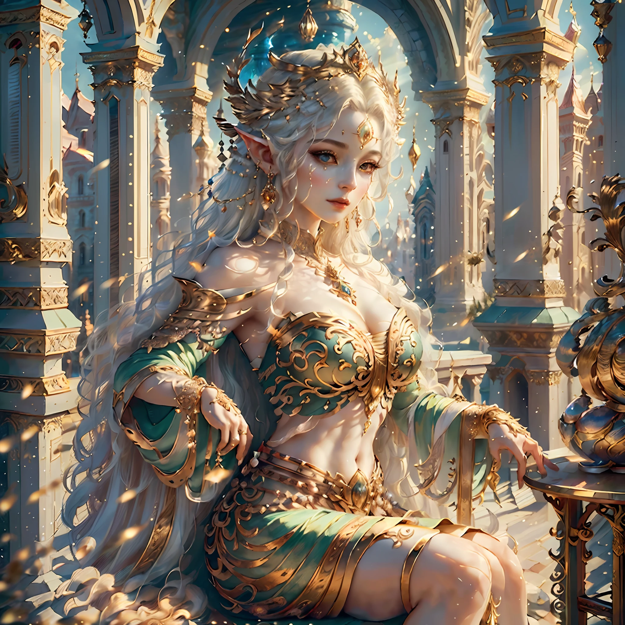 (((masterpiece)), IvoryGoldAI city at night, isometric, 3D rendering, very high definition, high detail, 8k, cinematic lighting, ultra high resolution, best quality, there is a woman sitting on a chair in the city, a beautiful fantasy queen, ((a beautiful fantasy queen)), Karol Bak UHD, beautiful elf with gorgeous robes, detailed fantasy digital art, beautiful fantasy art, detailed fantasy art, Very beautiful fantasy art, goddess. Extremely high detail, fantasy woman, beautiful and elegant elf queen, beautiful fantasy art portrait, real portrait, real three-dimensional, digital art,