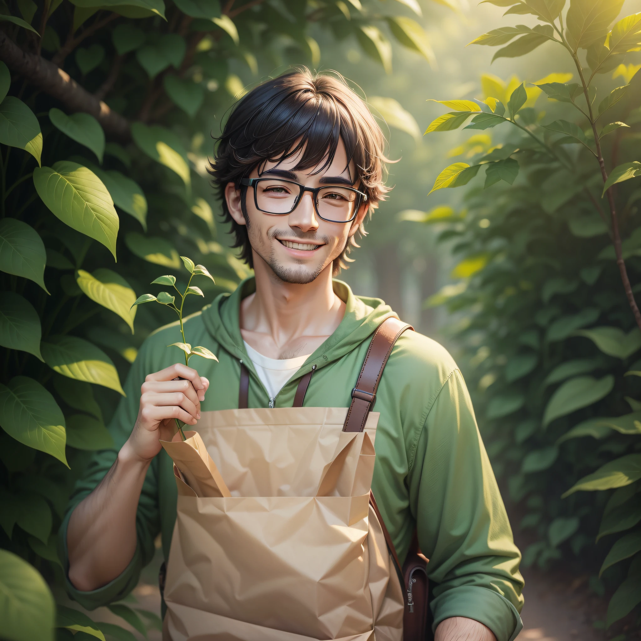 arafed man with glasses smiling holding a plant in a brown bag, environmental portrait, portrait image, holding green fire, sustainability, on a dark background, sustainable, publicity photo, inspired by Gerald Kelly, vegetation, medium portrait, official product photo, green clothing, fresh teddy, green plant, 1614572159, promotional photography, environmentally friendly, realistic anime, drawn, 4k