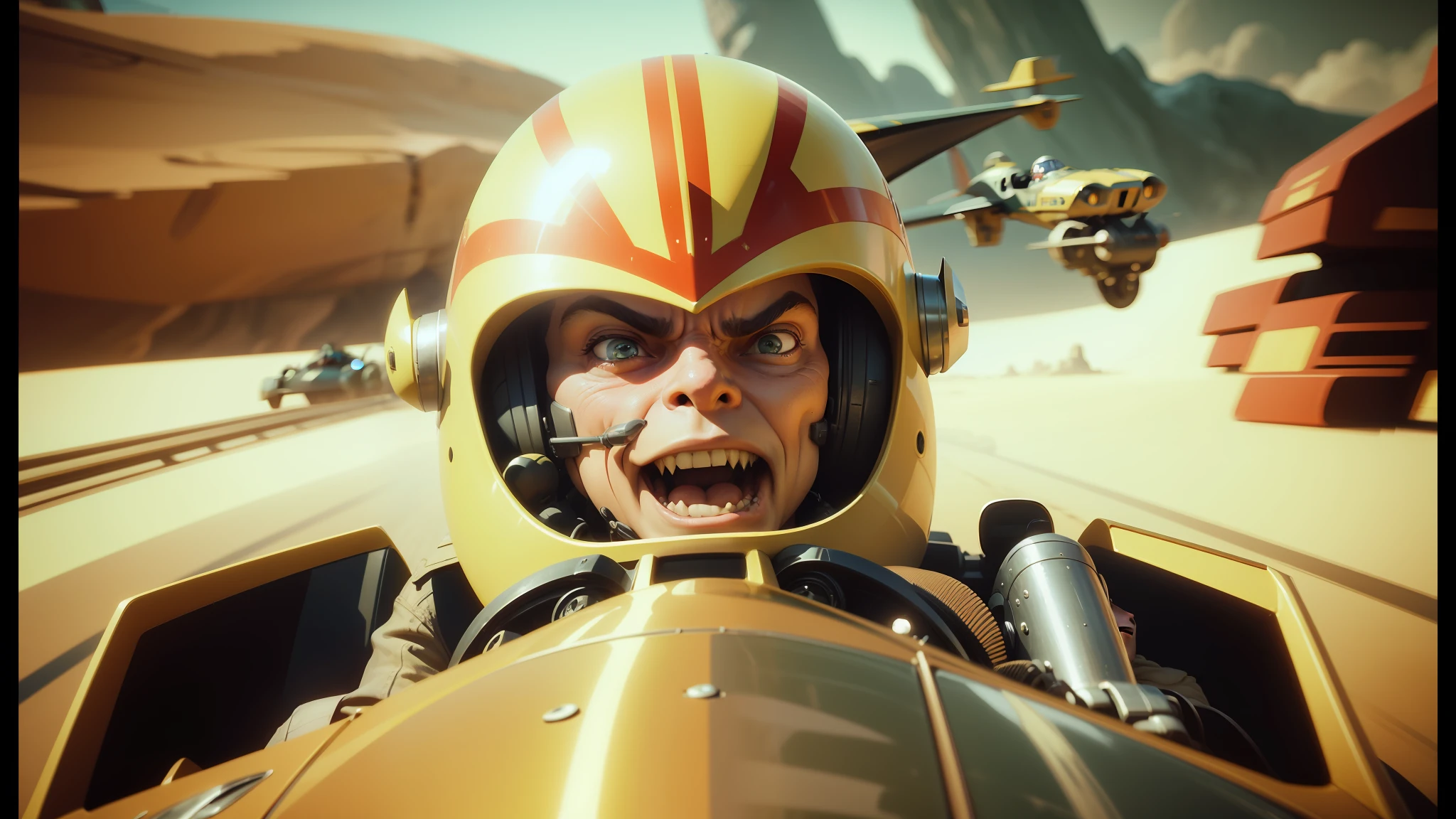 there is a man in a helmet driving a car with a helmet on, cory loftis, ilm of an epic sci-fi, no teeth, naboo, screengrab, full body extreme closeup, speedy aircraft, bisley, gremlin, retro futurist, futurist --ar 16:9 --auto --s2