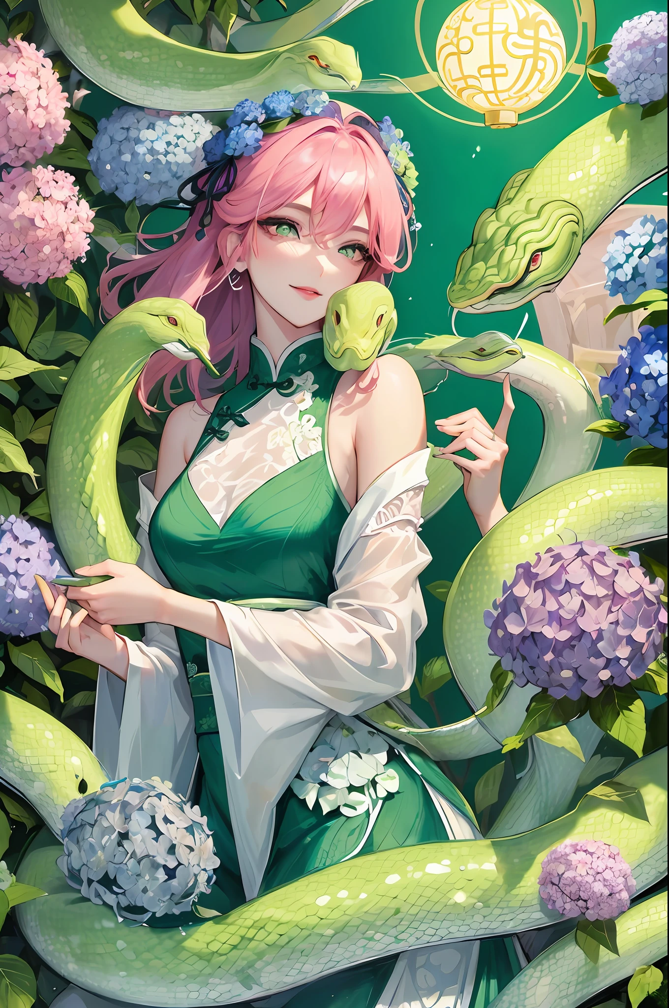 Masterpiece, Superb Night, Full Moon, 1 Woman, Chinese Style, Ancient, Cyan Clothes, Smile, Double Ball Head, Light Pink Lips, Calm, Intellectual, Medium Hair, Green Pupils, Hairpins, Hydrangeas, A Green Snake Coiled on the Arm, Green Snake, Snake