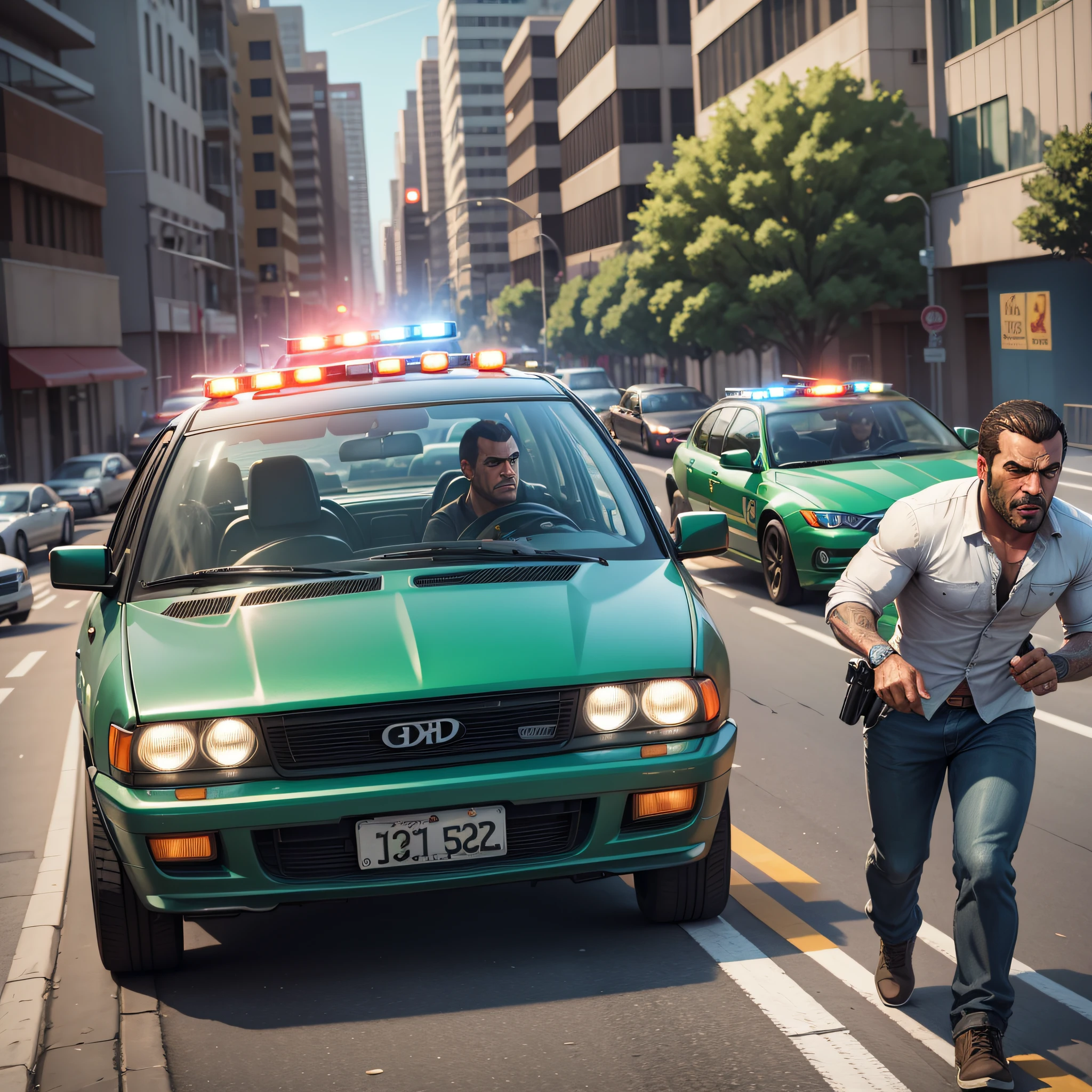 create a scene of GTA 5 role play, with a car following two bandits on the run, police chasing the car and people fleeing on the sidewalk --auto --s2