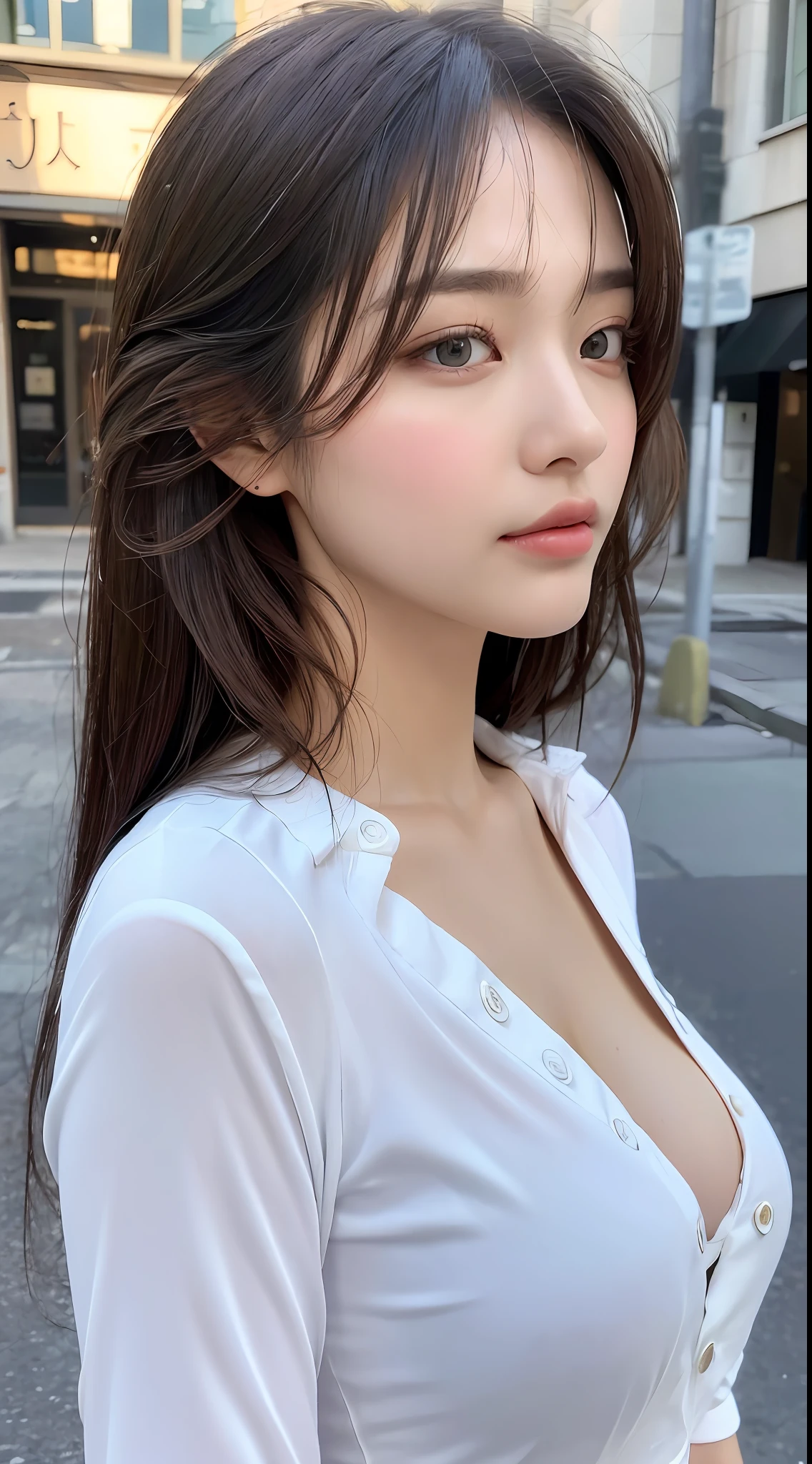 ((Best Quality, 8K, Masterpiece: 1.3)), Sharp: 1.2, Perfect Body Beauty: 1.4, Slim Abs: 1.2, ((Layered Hairstyle, Big Breasts: 1.2)), (Wet White Button Long Shirt: 1.1), (Rain, Street: 1.2), Wet: 1.5, Highly detailed face and skin texture, detailed eyes, double eyelids, side face looking at the camera