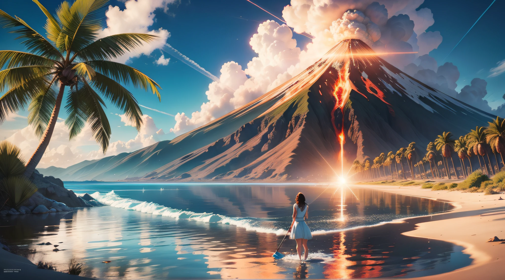 epic movie poster, volcano erupting, award winning (full body:1.3)character full body, (cute face:1.3), portrait photo of a (lake:1.2), (water goddess:1.2), (wading:1.2) in the pacific (ocean:1.1), (partially submerged shot:1.2), (waves:0.9), desert island background, palm trees, beach,fluffy clouds in the sky, outrun, vaporware, trending on artstation, highly detailed, fine detail, intricate, (lens flare:0.9), (backlighting:0.9), (bloom:0.9), [Style-Micro::10]