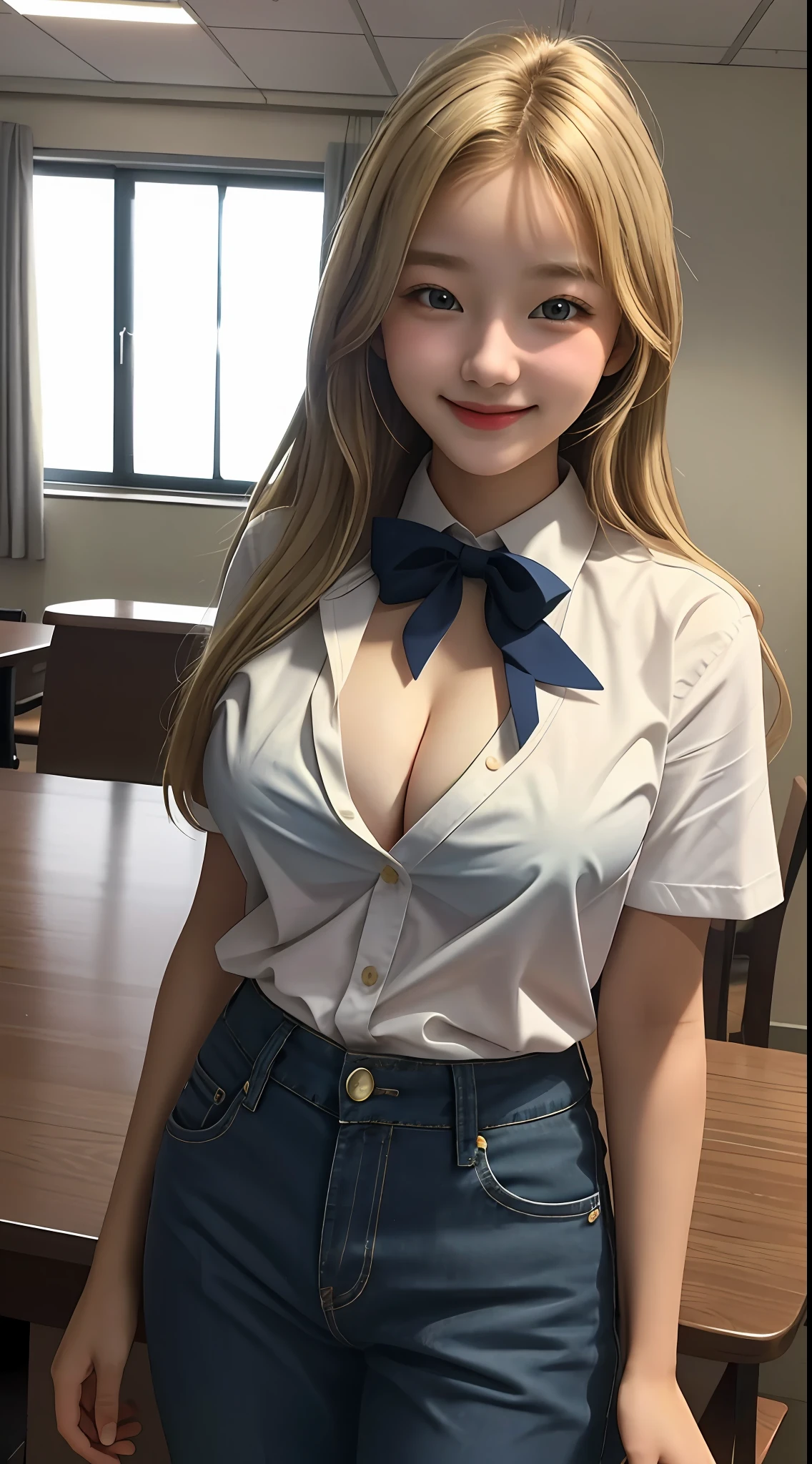 Girl, Single, , Best quality, Very big breasts, Best masterpiece, Blonde, Smiling, High school girl, Uniform, Gal, Mature face, cleavage, drooping eyes, Pants visible