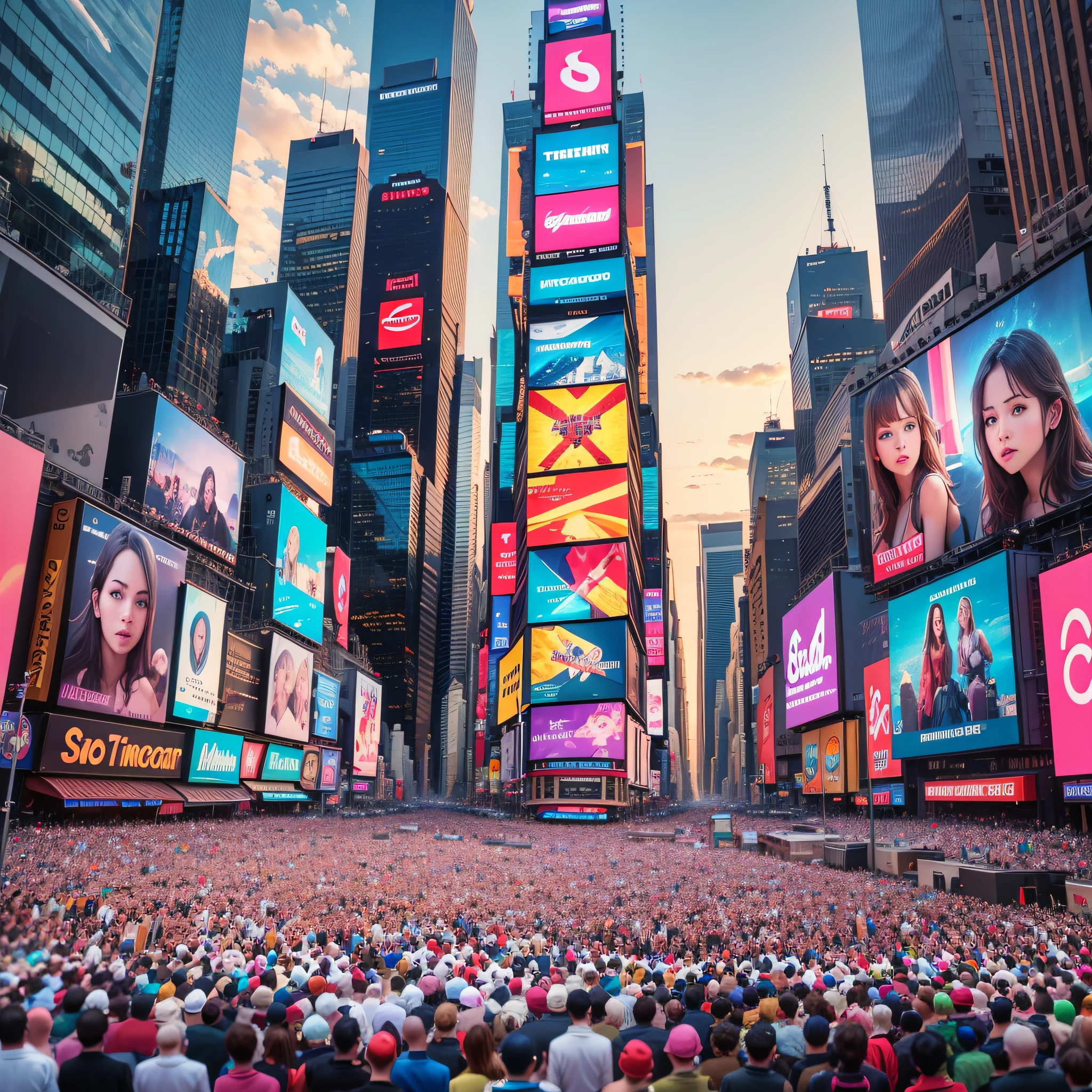 Creates Times Square fully with screen with several photos of famous has 8 k --auto --s2
