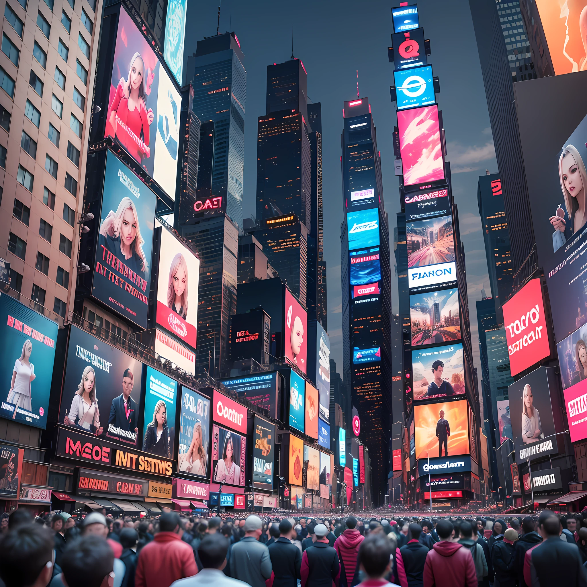 Creates Times Square fully with screen with several photos of famous has 8 k --auto --s2