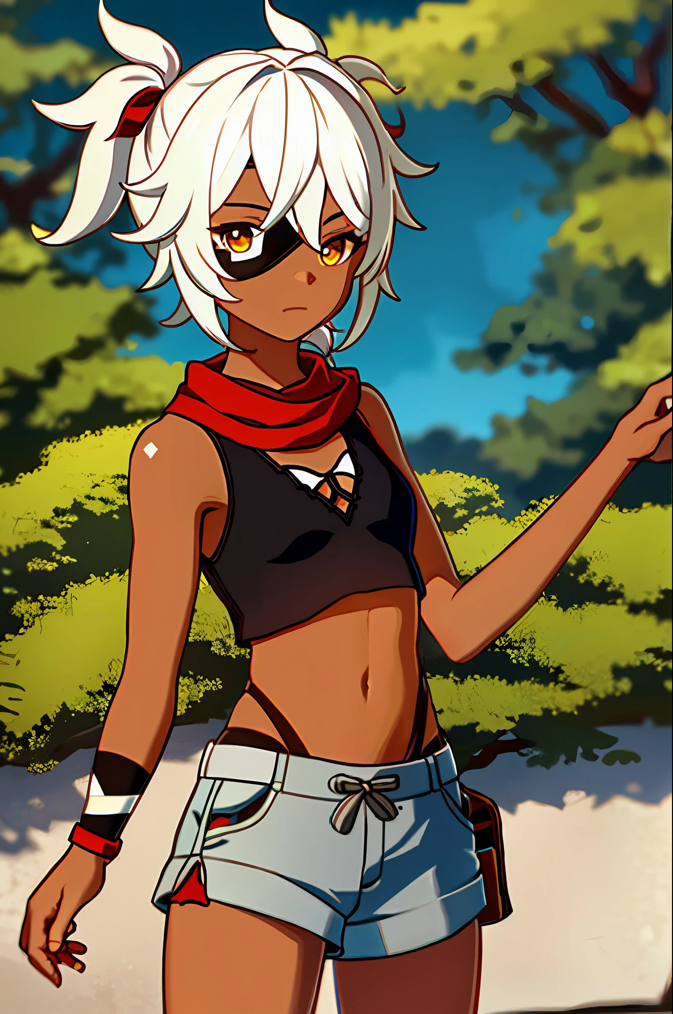 masterpiece, best quality, 1girl, solo, upper body, genshin impact, 1girl, dark skin, dark skin, darker skin, dark skin, dark skin, black skin, brown skin, branch, breasts, green leaves, pigtails, forest, closed mouth, cowboy shot, white hair, yellow eyes, low pigtails, short pigtails, looking at viewer, small breasts, black crop top, baggy top, loose shirt, baggy shirt, loose crop top, red scarf, sleeveless, outdoors, khaki shorts, light brown shorts, khaki cargo shorts, high-waisted shorts, long scarf, red scarf, left eyepatch, left eyepatch, white bandages, bandaged hands, arm bandages, short sidelocks, determined, solo, dynamic pose, genshin,