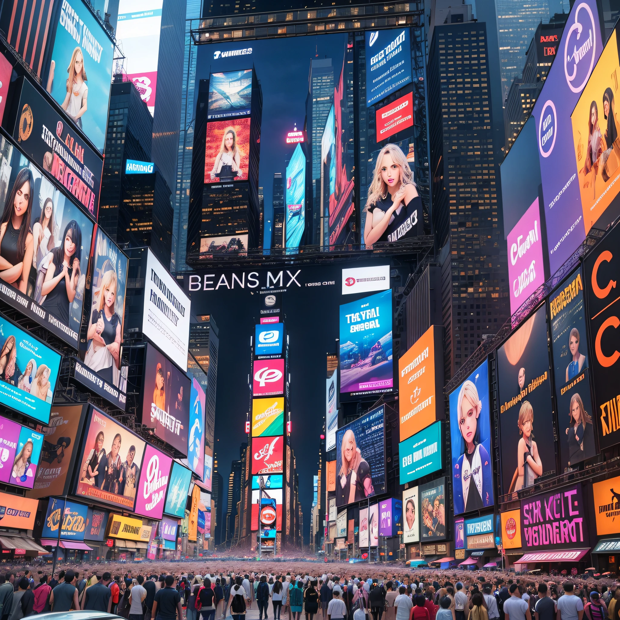 Creates Times Square fully with screen with several photos of famous has 8 k --auto --s2