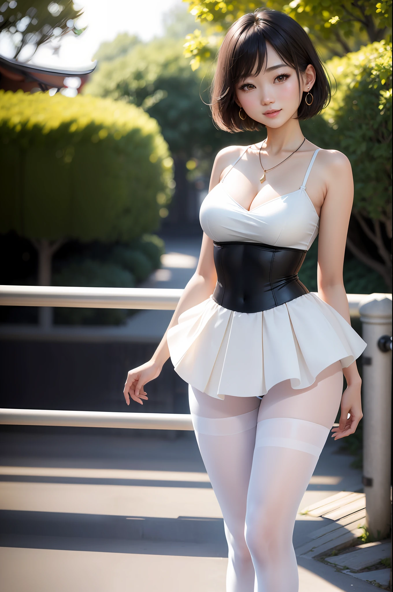Smiling minchen, pantyhose, absurdity, closed mouth, balanced eyes, (Best Quality Detail: 1.2), Realistic, 8K HD, Ultra Detailed, High Quality Texture, Complex Detail, Detailed Texture, Fine Detail, High Detail, Very Detailed CG, High Quality Shadow, Delicate Beautiful Delicate Face, (Delicate Beautiful Delicate Eyes: 1.32), Depth of Field, Ray Tracing, (A Beautiful 25 Year Old Cute Japanese Lady: 1), Big, Tall Female, Beautiful Legs, Glow Eyes, Blush, Perfect Body Petite, Scrawny, Blurred Outdoor Background, Tutu, Ballet Pantyhose, Short Hair, Sunshine, Earrings, Necklace, Model, Looking at the Audience, Dynamic Pose, Necklace, Full Body, Standing, Show Beautiful Legs , cleavage, smooth stockings