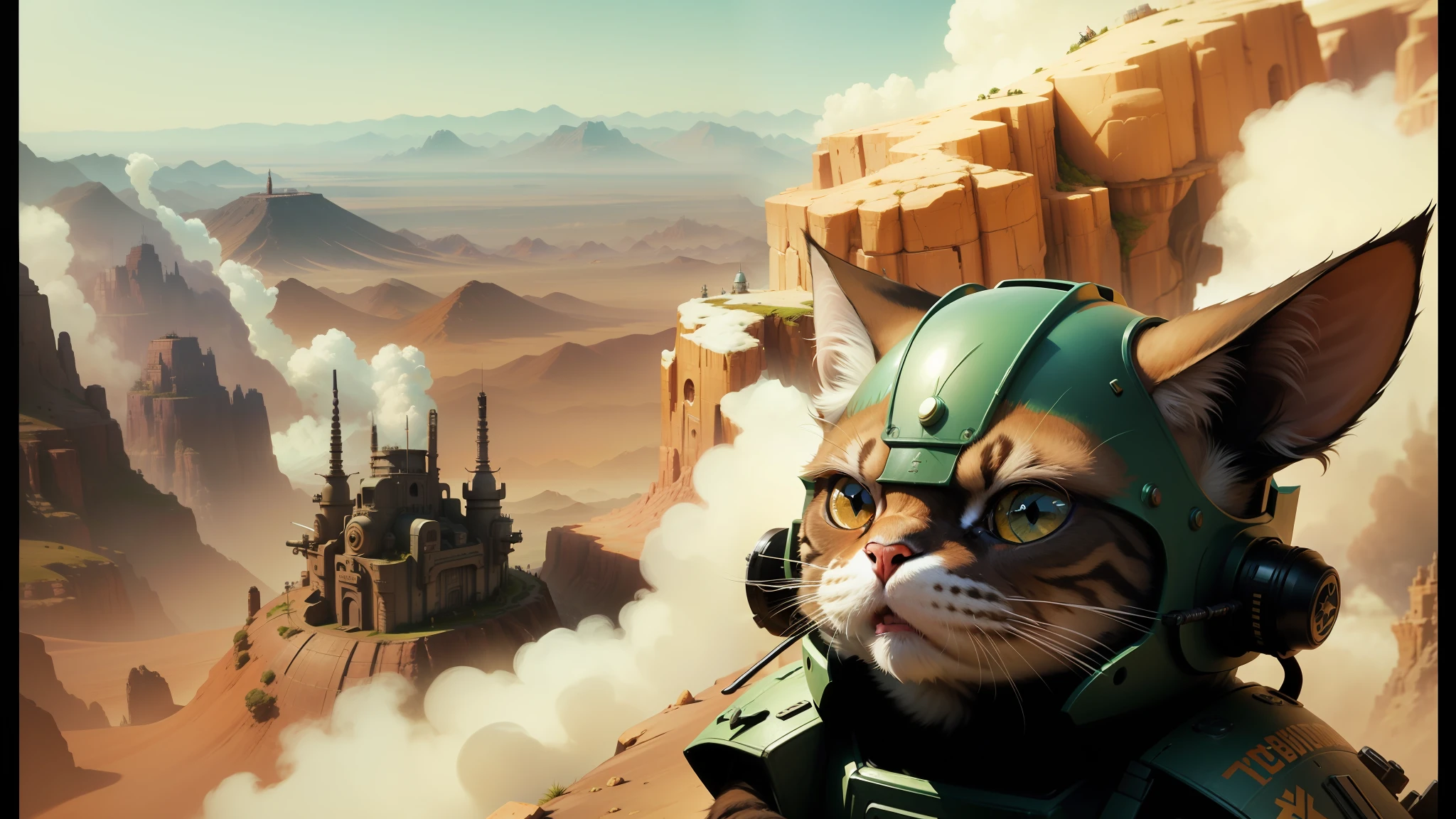 there is a cat in a helmet and a helmet on a mountain, movie still of a snarling, android jones and chris dyer, martian city, cinemascope panorama, missle turrets, evil yoda, soft focus matte painting, exotic shorthair cat, asterix, hgrenades, marc brunet, beautiful artist rendering, yutja --ar 16:9 --auto --s2