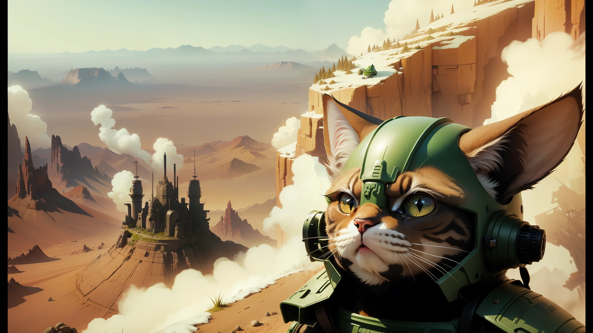 there is a cat in a helmet and a helmet on a mountain, movie still of a snarling, android jones and chris dyer, martian city, cinemascope panorama, missle turrets, evil yoda, soft focus matte painting, exotic shorthair cat, asterix, hgrenades, marc brunet, beautiful artist rendering, yutja --ar 16:9 --auto --s2