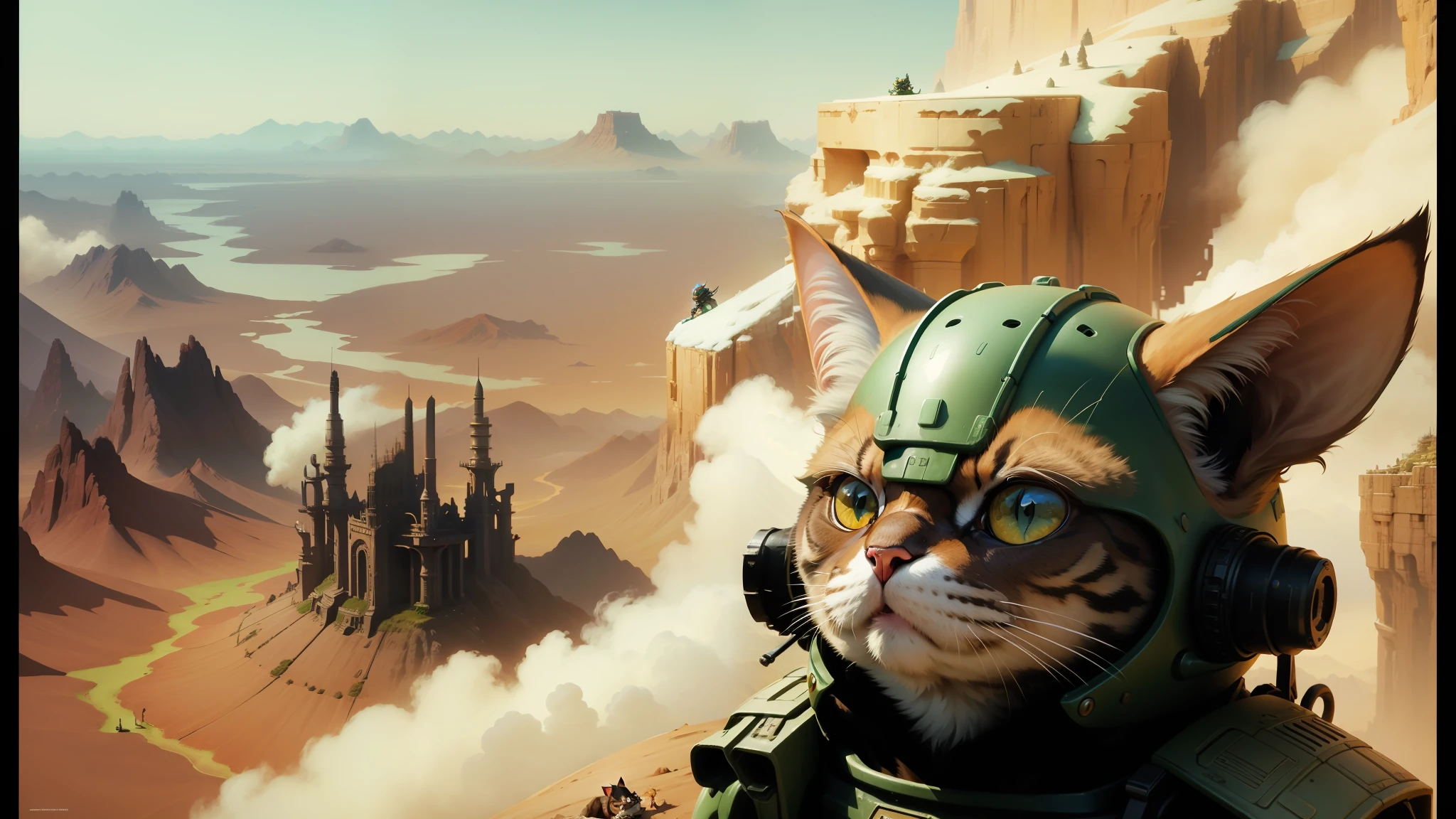 there is a cat in a helmet and a helmet on a mountain, movie still of a snarling, android jones and chris dyer, martian city, cinemascope panorama, missle turrets, evil yoda, soft focus matte painting, exotic shorthair cat, asterix, hgrenades, marc brunet, beautiful artist rendering, yutja --ar 16:9 --auto --s2