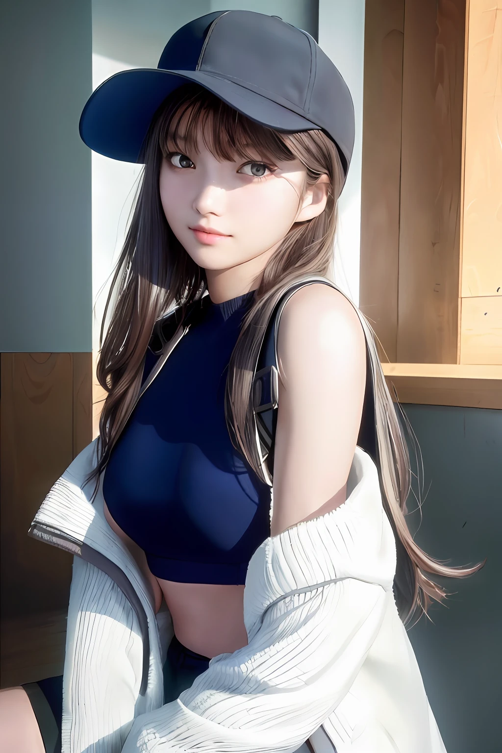 anime drawing inspired by Miwa Komatsu, trending on pixiv, shin hanga, anime girl in real life, beautiful anime high school girl, anime girl cosplay, attractive anime girl, realistic young anime girl, a hyperrealistic schoolgirl, young anime girl, hyperrealistic schoolgirl, saori \(blue archive\), long hair, black hair, halo, baseball cap, open clothes, off shoulder, coat, crop top, chest harness, snap-fit buckle, black pants, thigh holster, gloves, chest harness, thigh holser, snap-fit buckle, blue eyes, smiling, beautiful teen girl, korean girl, round head, perfect girl, delicate face, delicate eyes, amazingrealistic, rendering, white face, make up, teen, sweet, smooth skin, white skin, glowing face, 8k uhd, expressive eyes, perfect face, shiny skin, amazing skin, perfect lips, exquisitely lips, exquisitely face, exquisitely, eyes, exquisitely nose, tiny pug nose, face like Saori joumae (blue archive), ((masterpiece)), (photorealistic:1.3) masterpiece, best quality, high quality, absurdres, shiny skin, colorful, stunning art, best quality, hyper detailed, beautiful detailed, reflective hair, good lighting, ray tracing, depth of field, ultra-detailed, illustration, Amazing, fine detail, extremely detailed, ((ultra-detailed)), (beautiful detailed girl), beautiful detailed glow, intricate detail, highres, an extremely delicate and beautiful, beautiful detailed eyes, hdr, rounded eyes, detailed facial features, (rounded pupils:1.4) (illustration), (beautiful detailed eyes), ((very detailed face)), depth of field