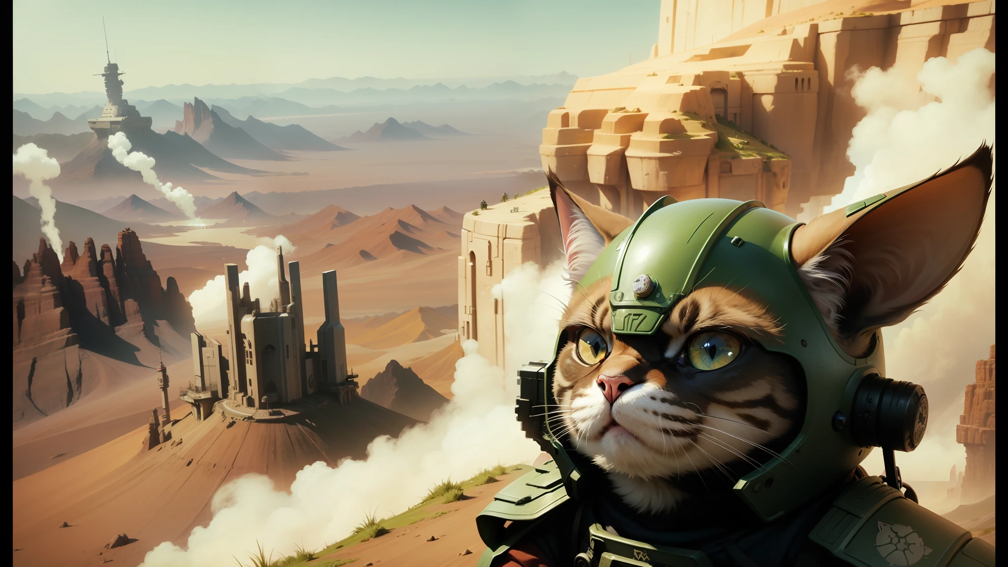 there is a cat in a helmet and a helmet on a mountain, movie still of a snarling, android jones and chris dyer, martian city, cinemascope panorama, missle turrets, evil yoda, soft focus matte painting, exotic shorthair cat, asterix, hgrenades, marc brunet, beautiful artist rendering, yutja --ar 16:9 --auto --s2