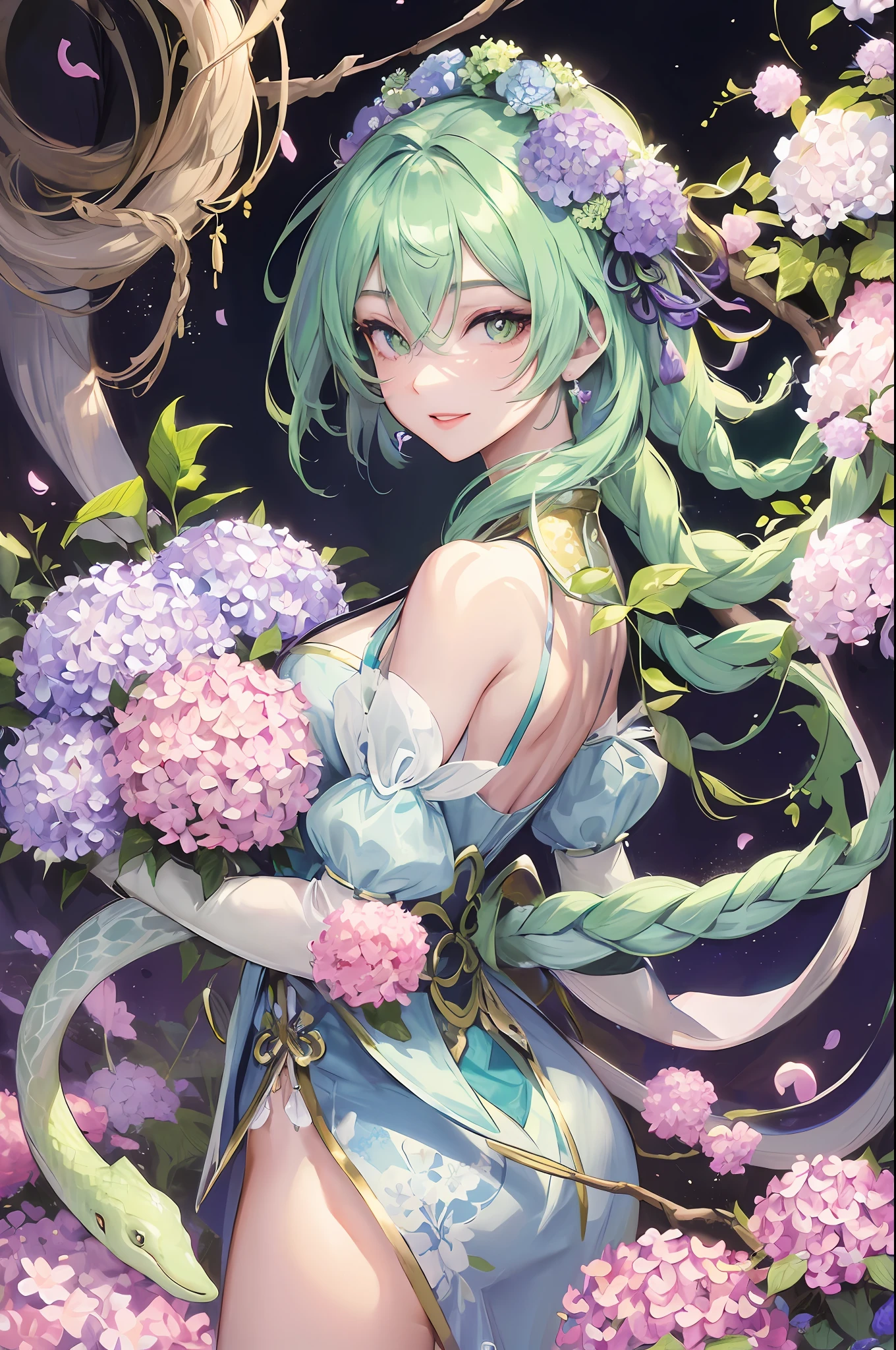 Masterpiece, Superb Style, Full Moon at Night, 1 Mature Girl, Chinese Style, Ancient, Cyan Clothes, Smile, Cut Twist Flowers, Twist Braid, Double Ball Head, Light Pink Lips, A Green Snake Head, Snake Head, Calm, Intellectual, Middle Hair, Green Pupils, Hairpins, Hydrangeas