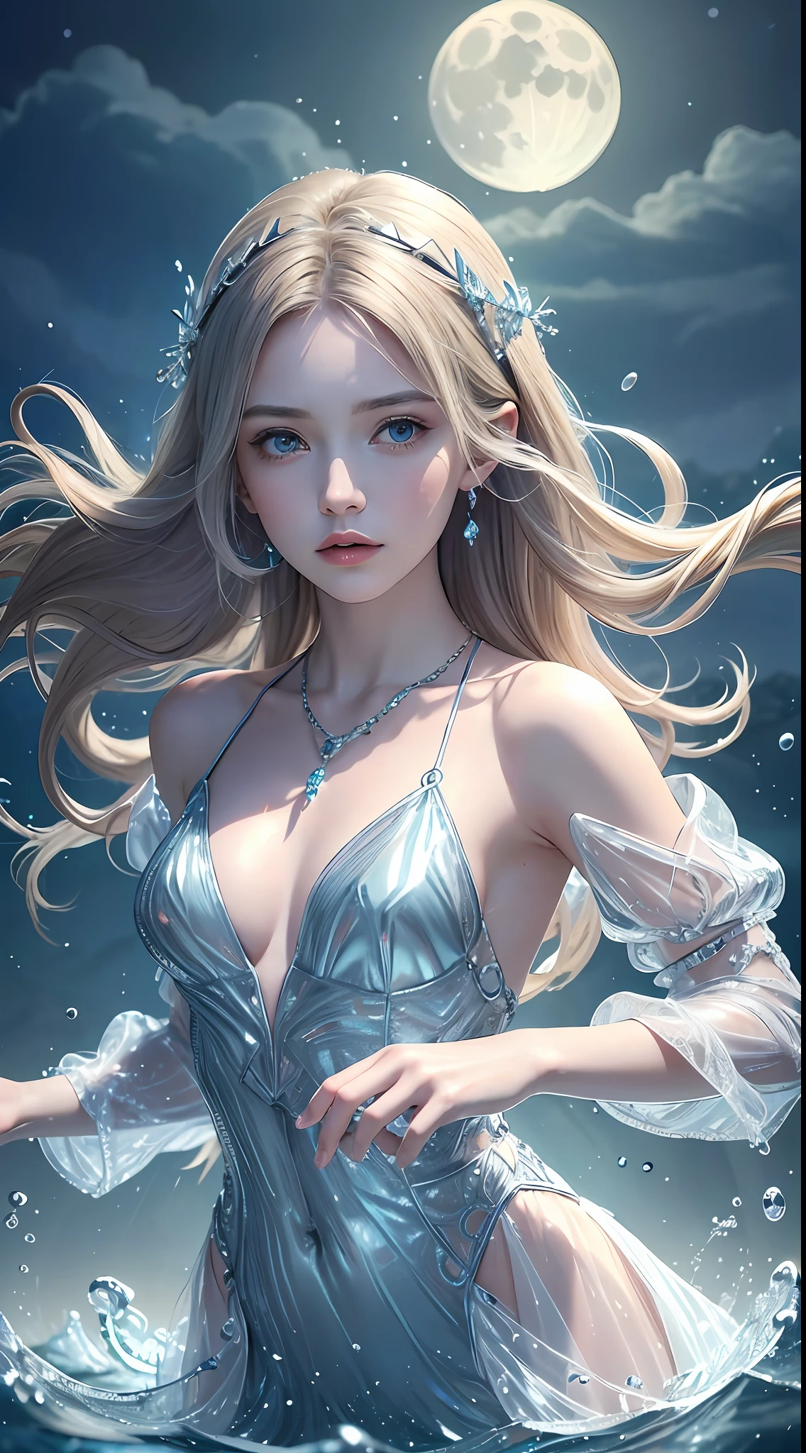 (Masterpiece, Superior Quality, Best, Official Art, Beautiful and Aesthetic, Long Exposure: 1.2), Smooth Movement, Charming Patterns, 1 Girl, (Long Dress with Sleeves: 1.3), ((Small Breasts)) , blue clothes, close-up of upper body, Caucasian, oval and delicate face, natural beauty, golden blonde hair, portrait, solo, upper body, watching the observer, detailed background, detailed face, (crystallineAI, crystalline theme:1.1), elemental water sprite, rotating water, water control, water and air theme clothes blending with the ocean, dynamic pose, floating particles, ethereal dynamics, water, steam, ocean in the background, blue hue, coast, ethereal atmosphere, eclipse in the background, silver necklace with waning moon pendant, night, moonlight, absurdists