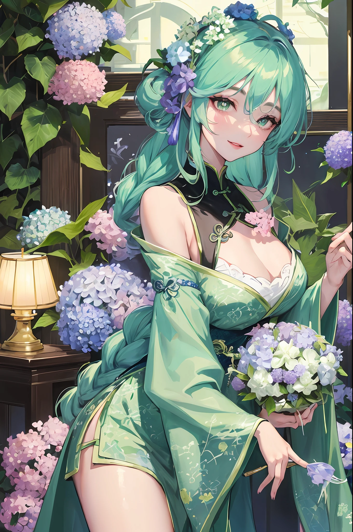 Masterpiece, Superb Style, Full Moon at Night, 1 Mature Girl, Chinese Style, Ancient, Cyan Clothes, Smile, Cut Twist Flowers, Twist Braid, Double Ball Head, Light Pink Lips, A Green Snake Head, Snake Head, Calm, Intellectual, Middle Hair, Green Pupils, Hairpins, Hydrangeas