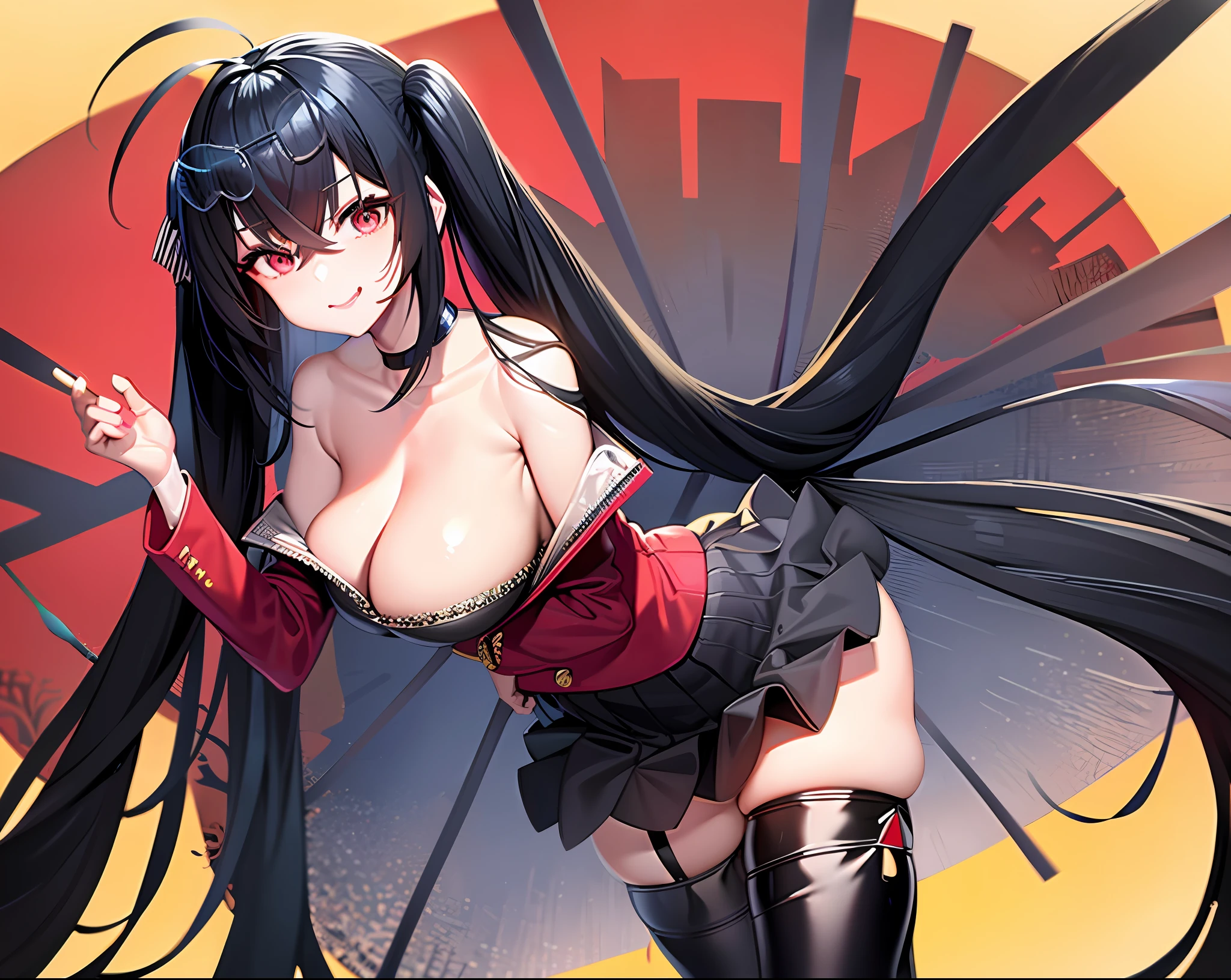 1 Woman, Ahoge, Bangs, Bare Shoulders, Black Hair, Breasts, Cleavage, Clavicle, Bangs, Big, Grinning, Long Hair, Solo, Twin Tails, Ultra Long Hair, (Glossy Skin), (Best Quality : 1.4), Real Age, Lower, Skirt