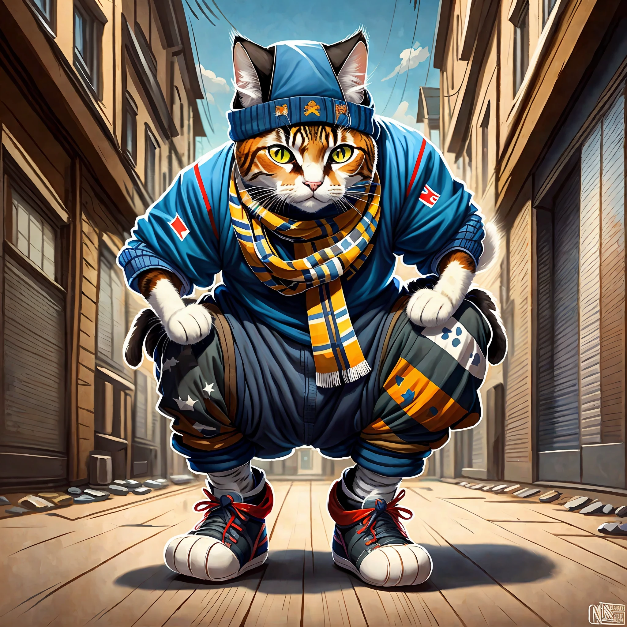 a painting of a cat wearing hat and scarf, trend in art station, dressed in basketball clothes, detailed hyper realistic rendering, british gang member, street style, intimidating pose, planet of cats, fashionable clothes, urban samurai, meow, West Slavic features, 8 1 5 --auto --s2