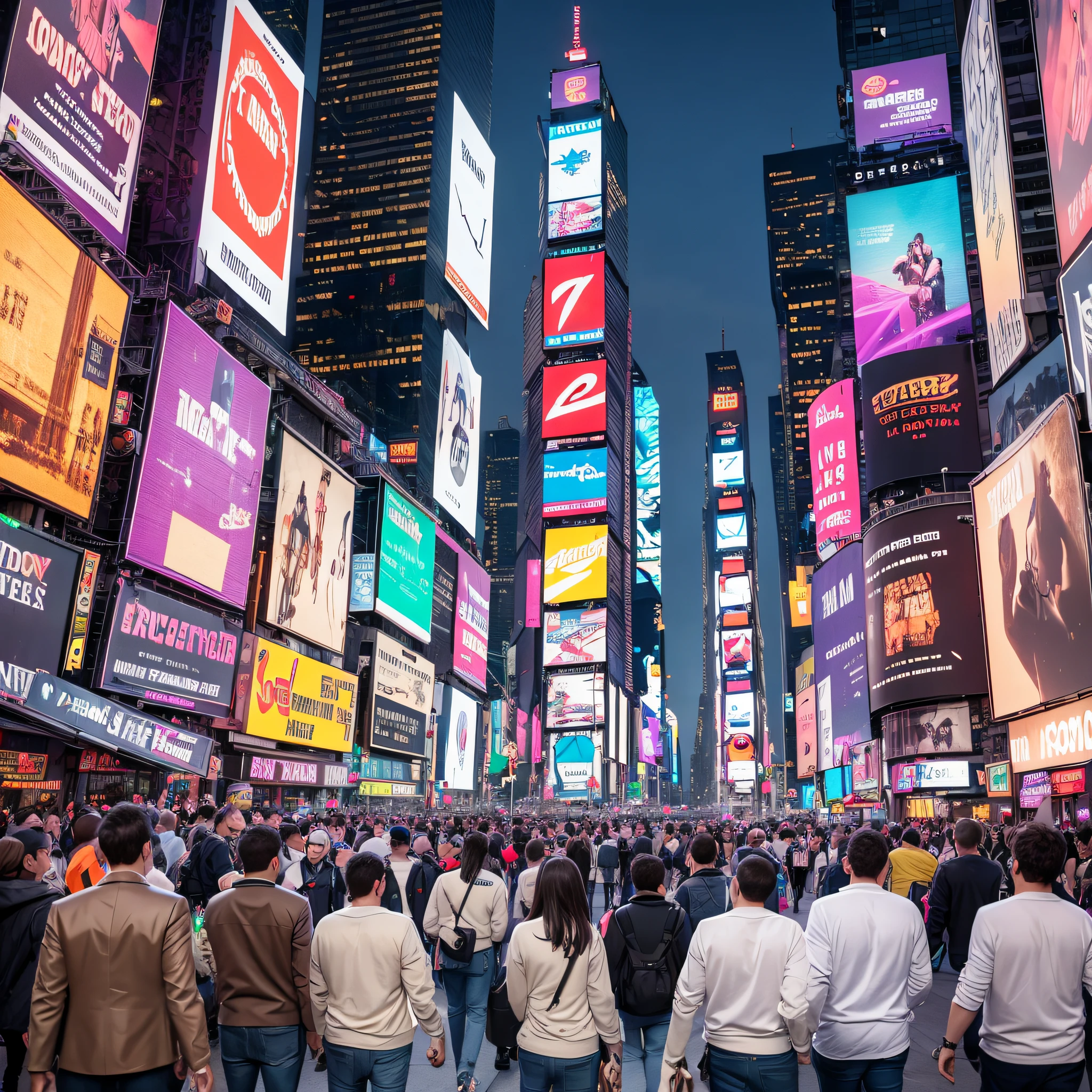 Creates Times Square cyberpunk fully with screen with several photos of famous has 8 k --auto --s2