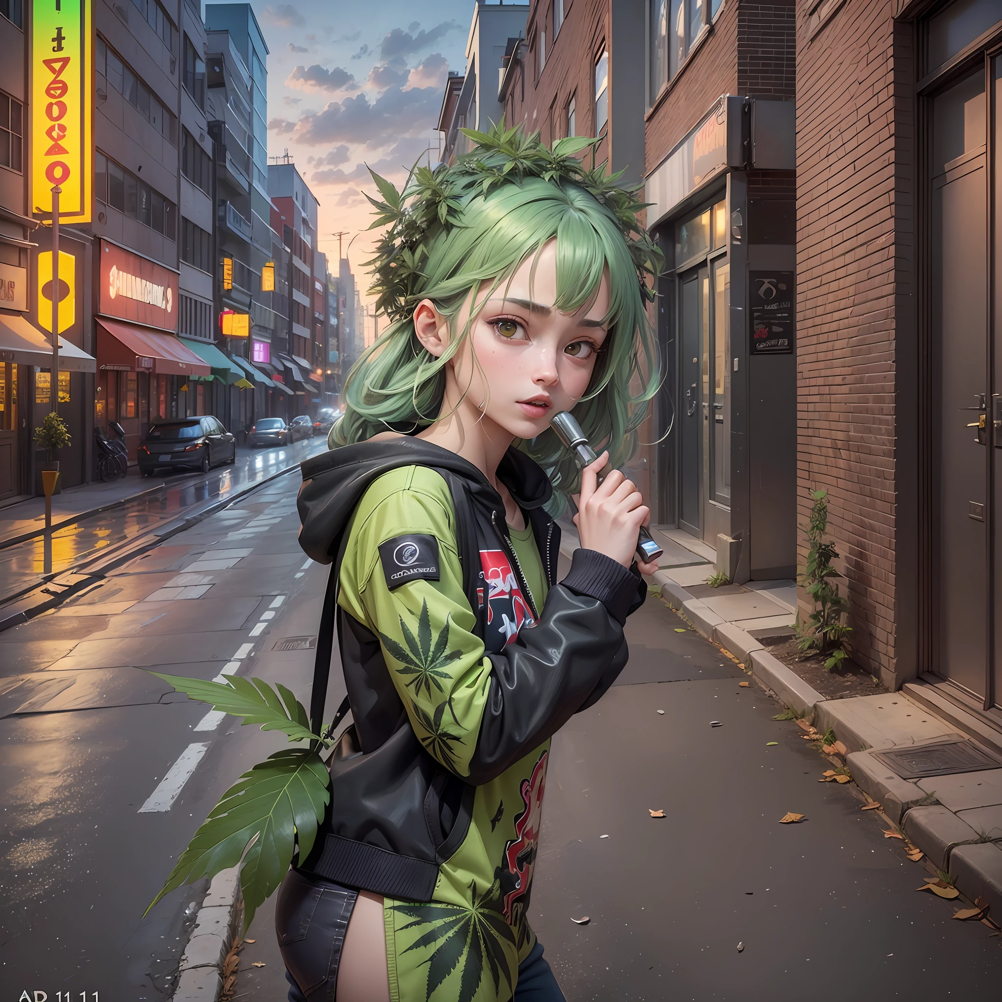 (
Random style transfer: 0.4,
Marijuana leaf: 1.2,
Alien: 1.3,
Red eyes: 1.15,
Urban landscape: 0.7,
Graffiti: 0.8,
Night scene: 0.9,
Character emphasis: 1.2,
High saturation: 0.9,
Dynamic angle: 1.1,
Mid-shot: 0.9,
CGI effect: 1.1
) --auto --s2