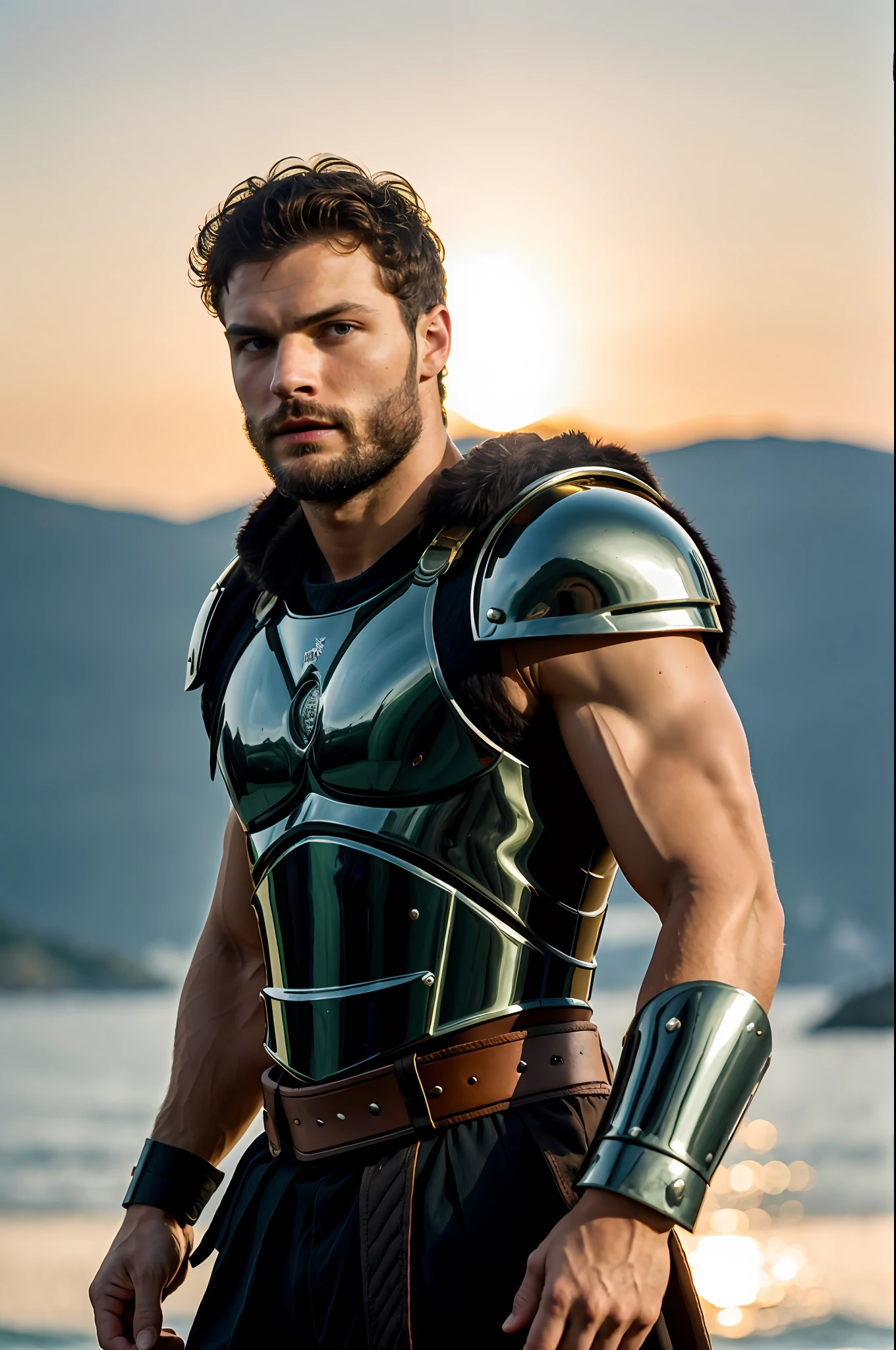 create a spartan), Greek God style, wearing Spartan armor, strong and muscular, Jamie Dornan, strong and muscular, (Moreno with model face), wearing dark beard, dark short hair, man similar to actor jamie dornan, (high quality and realistic image), cinematic style, ((Best quality, 8k, Masterpiece).