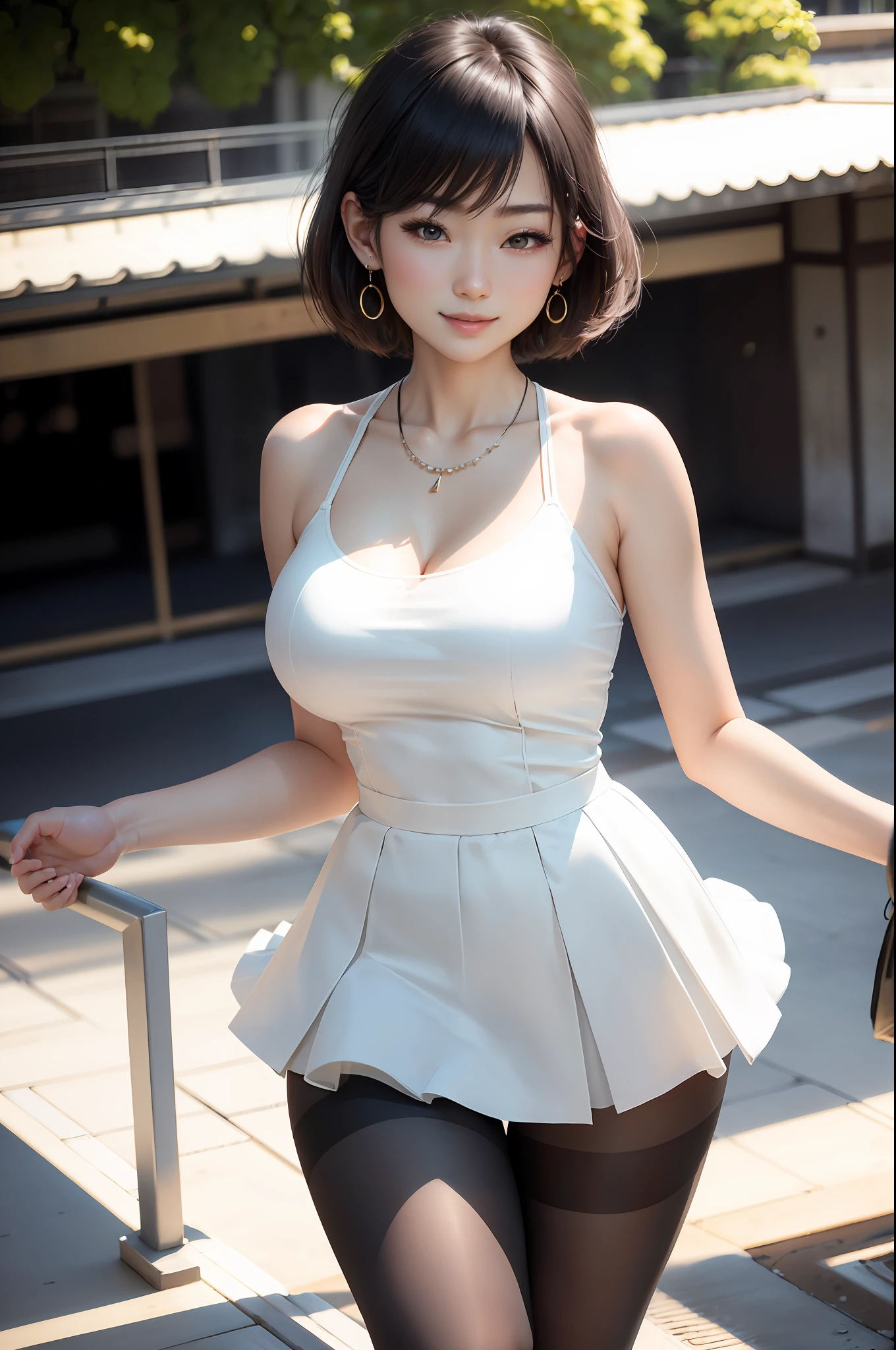 Smiling minchen, pantyhose, absurdity, closed mouth, balanced eyes, (Best Quality Detail: 1.2), Realistic, 8K HD, Ultra Detailed, High Quality Texture, Complex Detail, Detailed Texture, Fine Detail, High Detail, Very Detailed CG, High Quality Shadow, Delicate Beautiful Delicate Face, (Delicate Beautiful Delicate Eyes: 1.32), Depth of Field, Ray Tracing, (A Beautiful 25 Year Old Cute Japanese Lady: 1), Big, Tall Female, Beautiful Legs, Glow Eyes, Blush, Perfect Body Petite, Scrawny, Blurred Outdoor Background, Tutu, Ballet Pantyhose, Short Hair, Sunshine, Earrings, Necklace, Model, Looking at the Audience, Dynamic Pose, Necklace, Full Body, Standing, Show Beautiful Legs , cleavage, smooth stockings, less cloth clothes