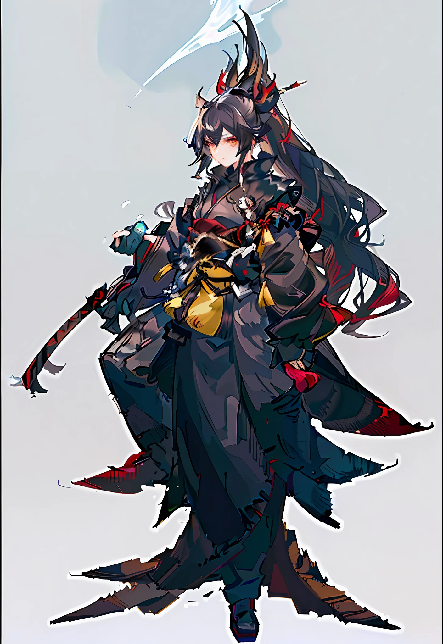 masterpiece, best quality, female samurai in black and red kimono, cloth flowing in the air, yellow eyes, black hair, ponytail, moon, boreal steppe, sfw