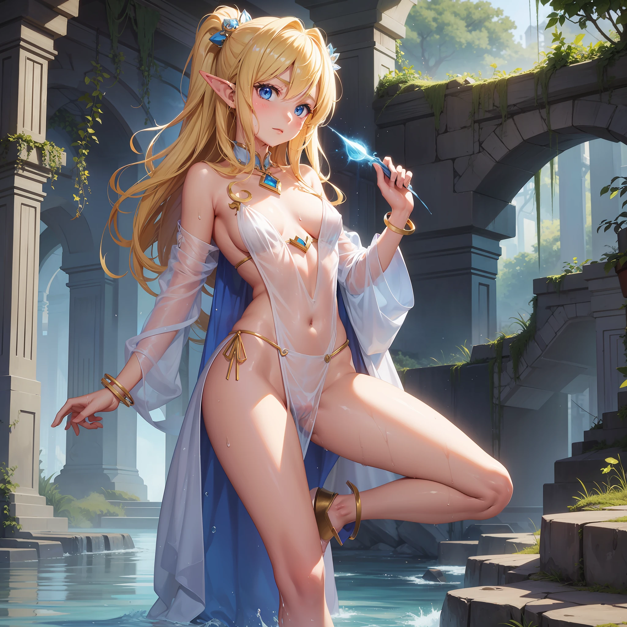 2D illustration, anime-style, beautiful girl, elf, ((without panties)), (chest tip sticking up fabric), ((closed crotch)), wet body, wet clothes,