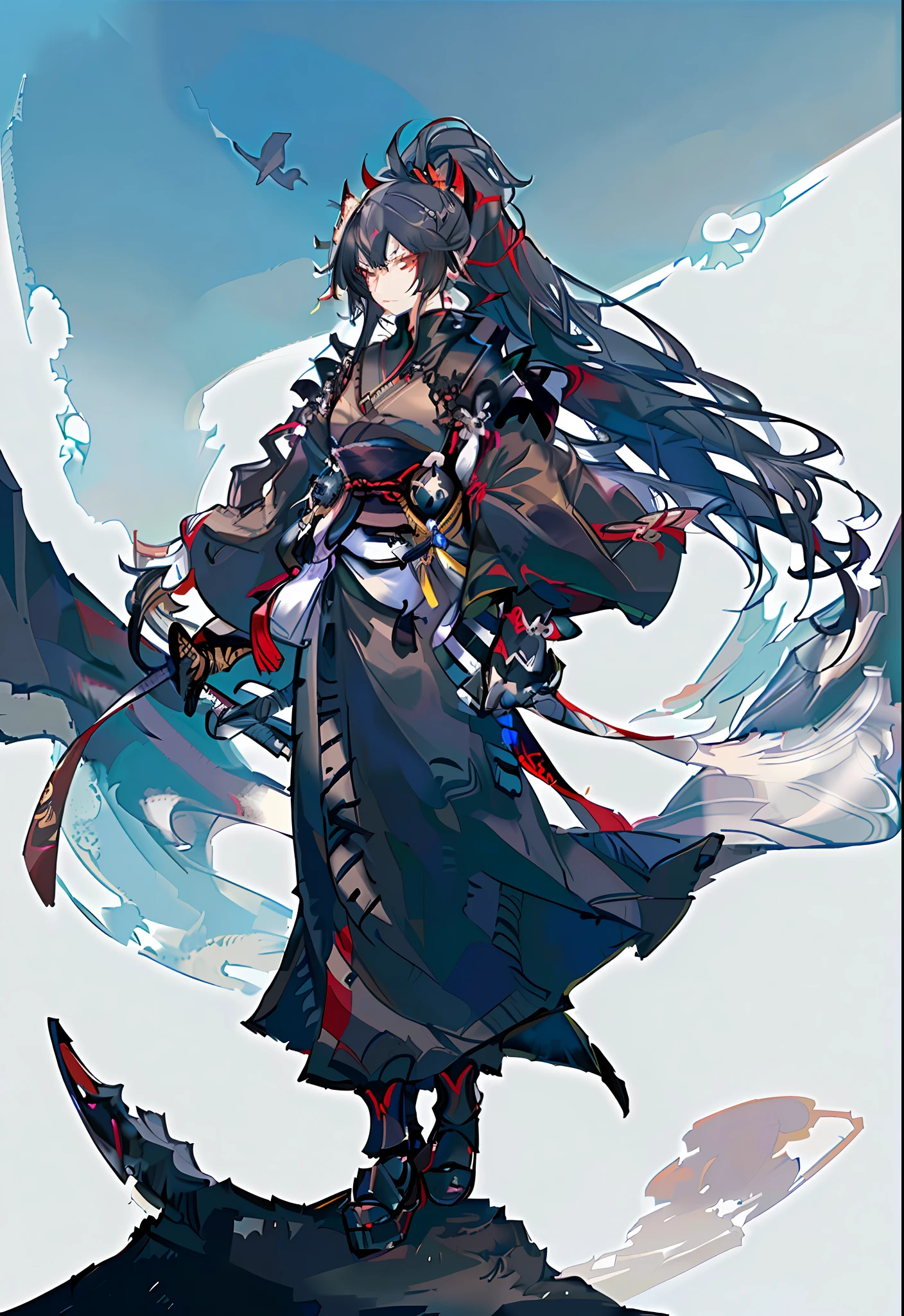 masterpiece, best quality, female samurai in black and red kimono, cloth flowing in the air, yellow eyes, black hair, ponytail, moon, boreal steppe, sfw