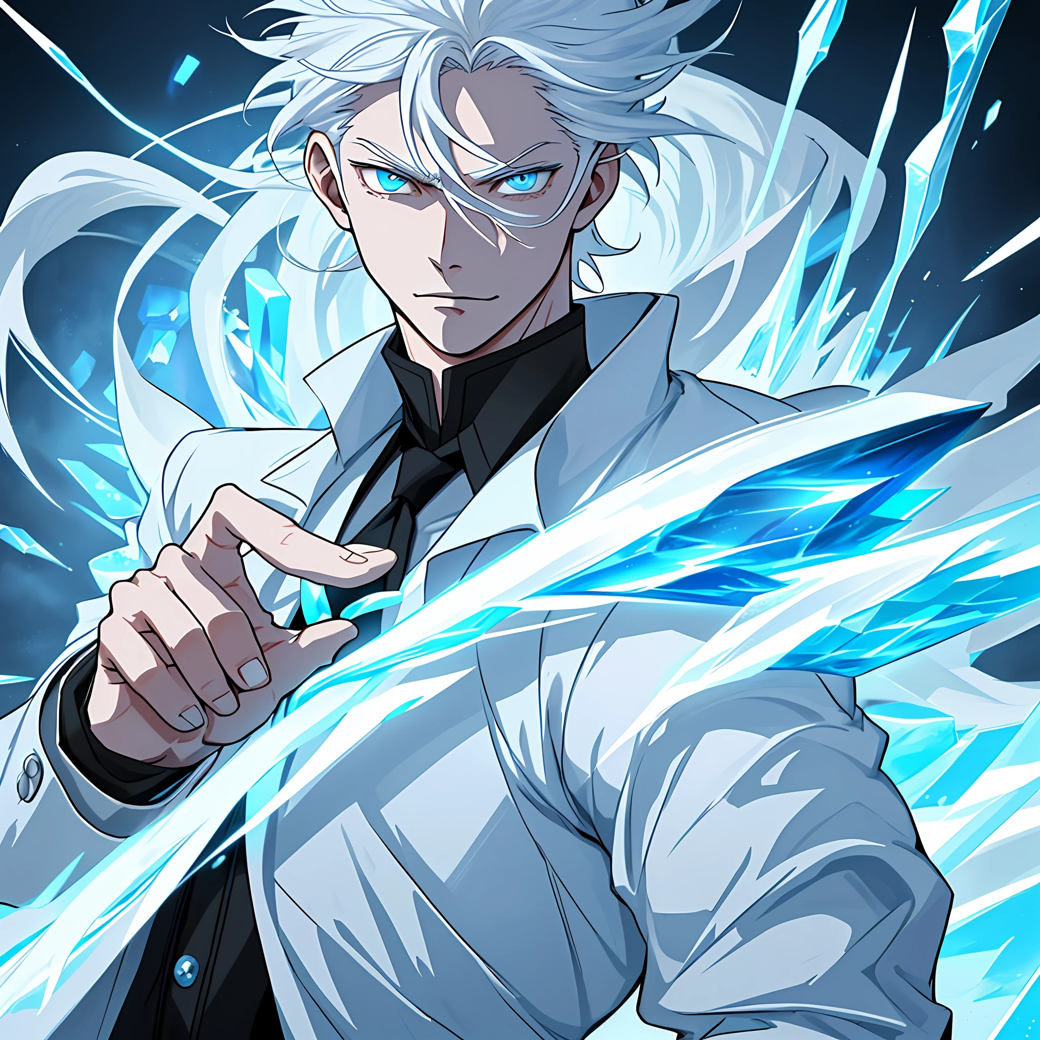 "Draw an anime character that has the power to control the ice. He must have white hair and light blue eyes. Your appearance should be elegant and intimidating, with a trace of mystery. He must be wearing a long, white coat with ice blue accents. Your ice control skills should be shown in your drawing through a gesture of your left hand, which should be covered with a thin layer of ice."