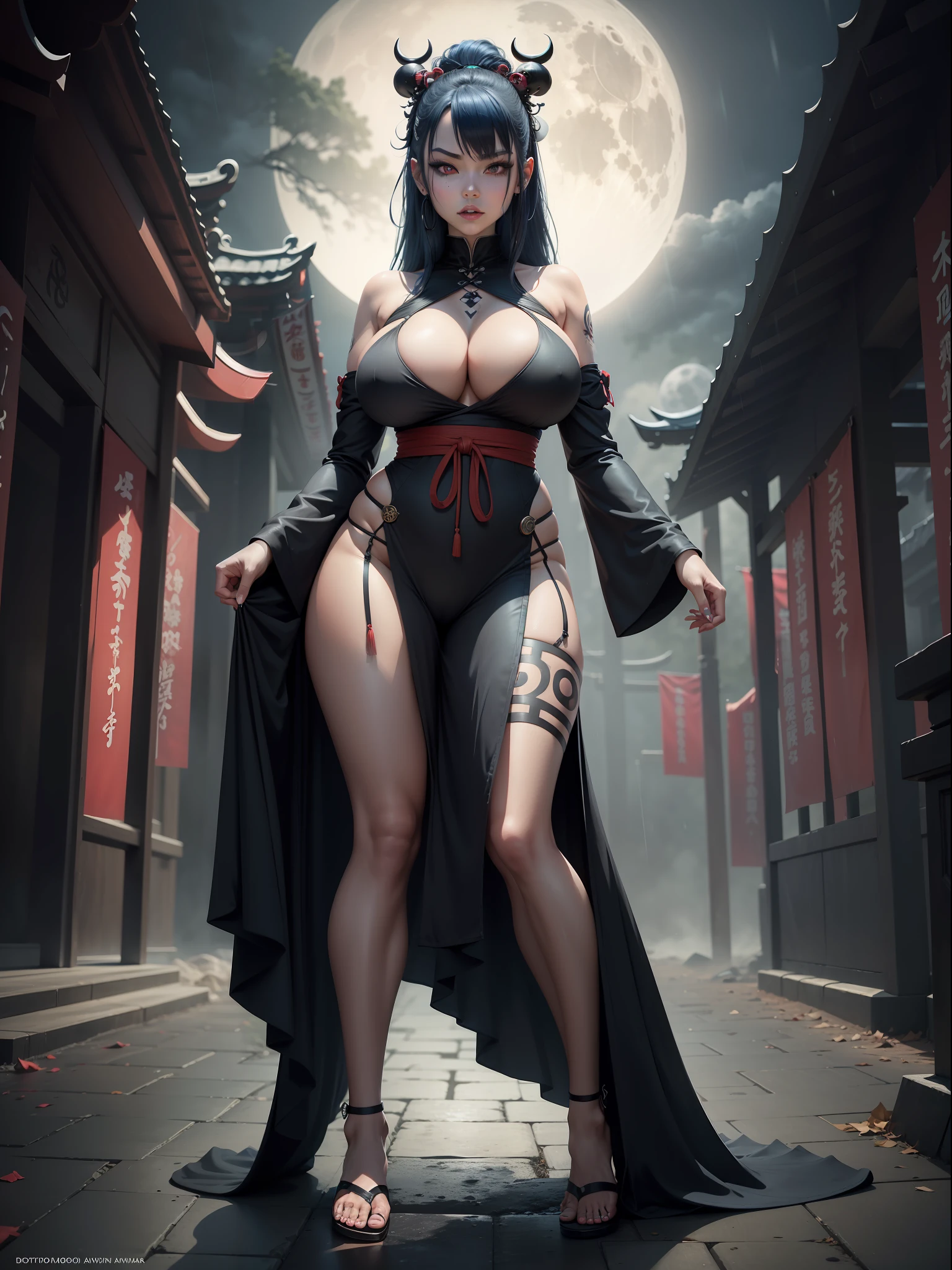 ((full body, Standing, standing on the ground)),Laurana, big breasts1, black with parts in white/ninja costume, very tight on the body, japanese demon mask mo faces, she is in a macabre temple with full moon raining heavily,she has (blue hair, red eyes), face with red cheeks, light makeup on her face, 16k, highres, award winning, best quality, super detail, super detail, textured skin, ccurate, UHD, masterpiece, anatomically correct