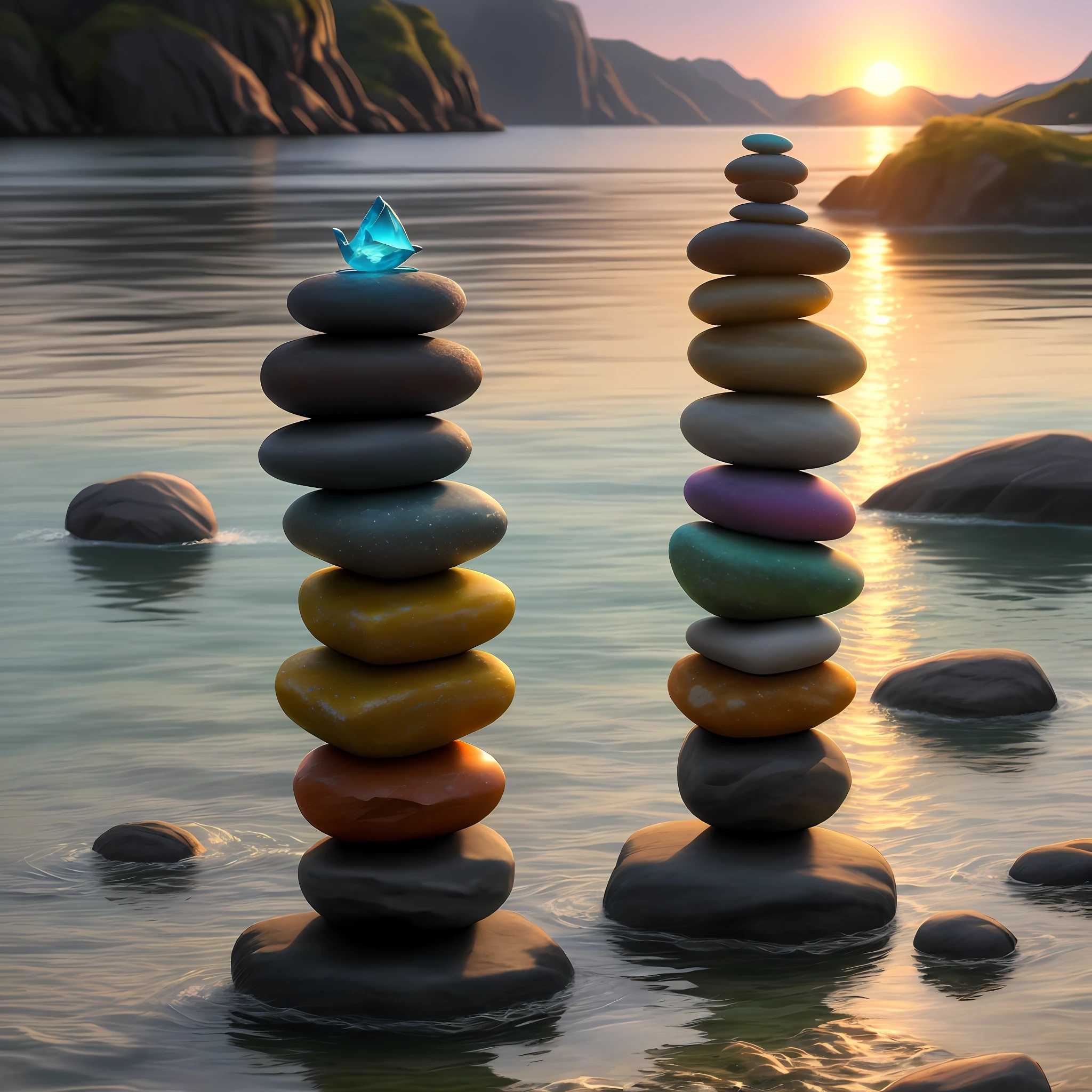 Create a sequence of 5 stones stacked one on top of the other on the edge of a river with a sunset in front with birds flying and small fish jumping out of the water, ultra realistic image, photo taken by super professional camera, 8K