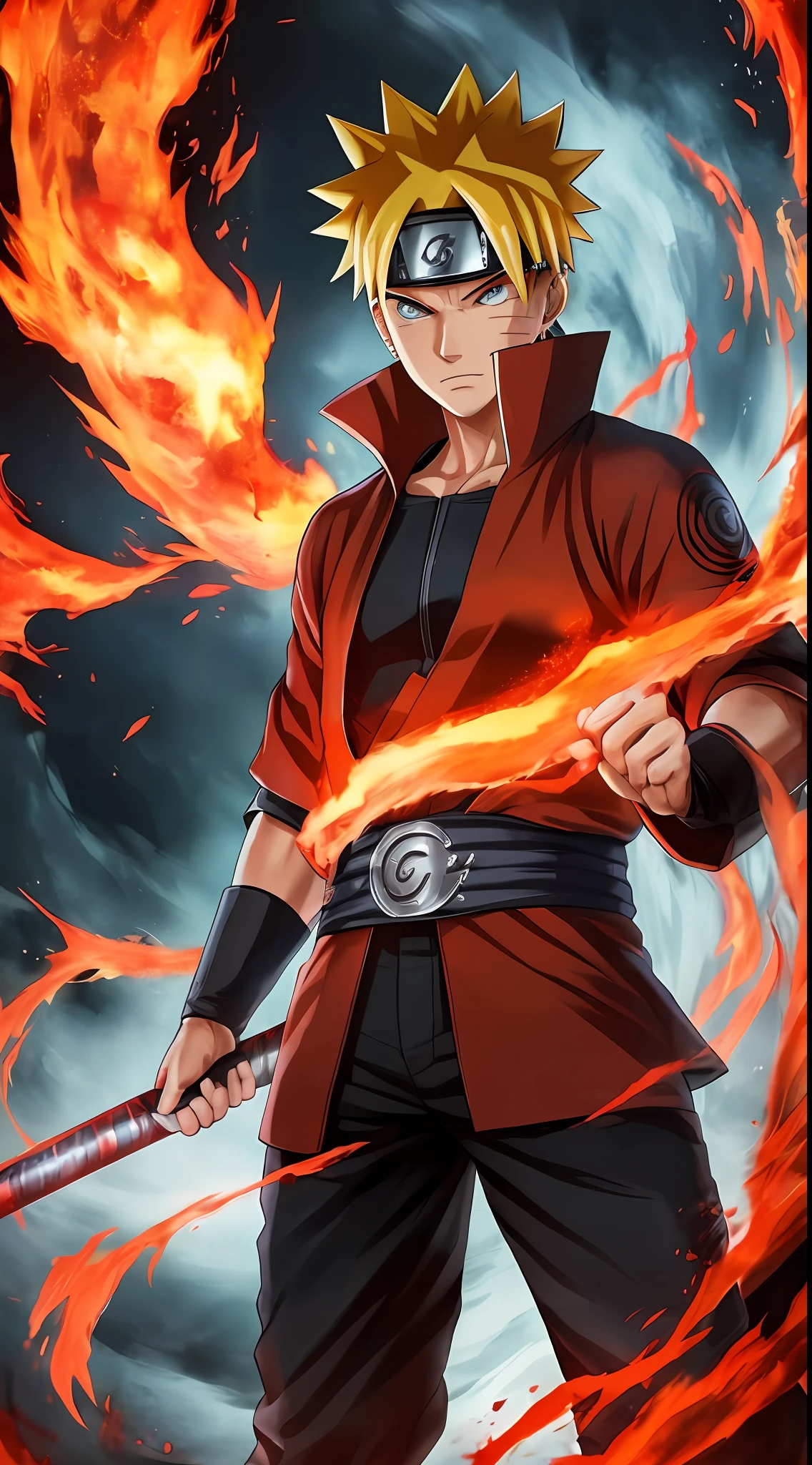 (foreground, sharpness: 1.3, 1080p), main character (Naruto Uzumaki: 1.5), red chakra cape, (nine tails: 1.2), background of flames - Kurama's face (hot scene: 1.1), (dramatic: 1.2) --auto --s2